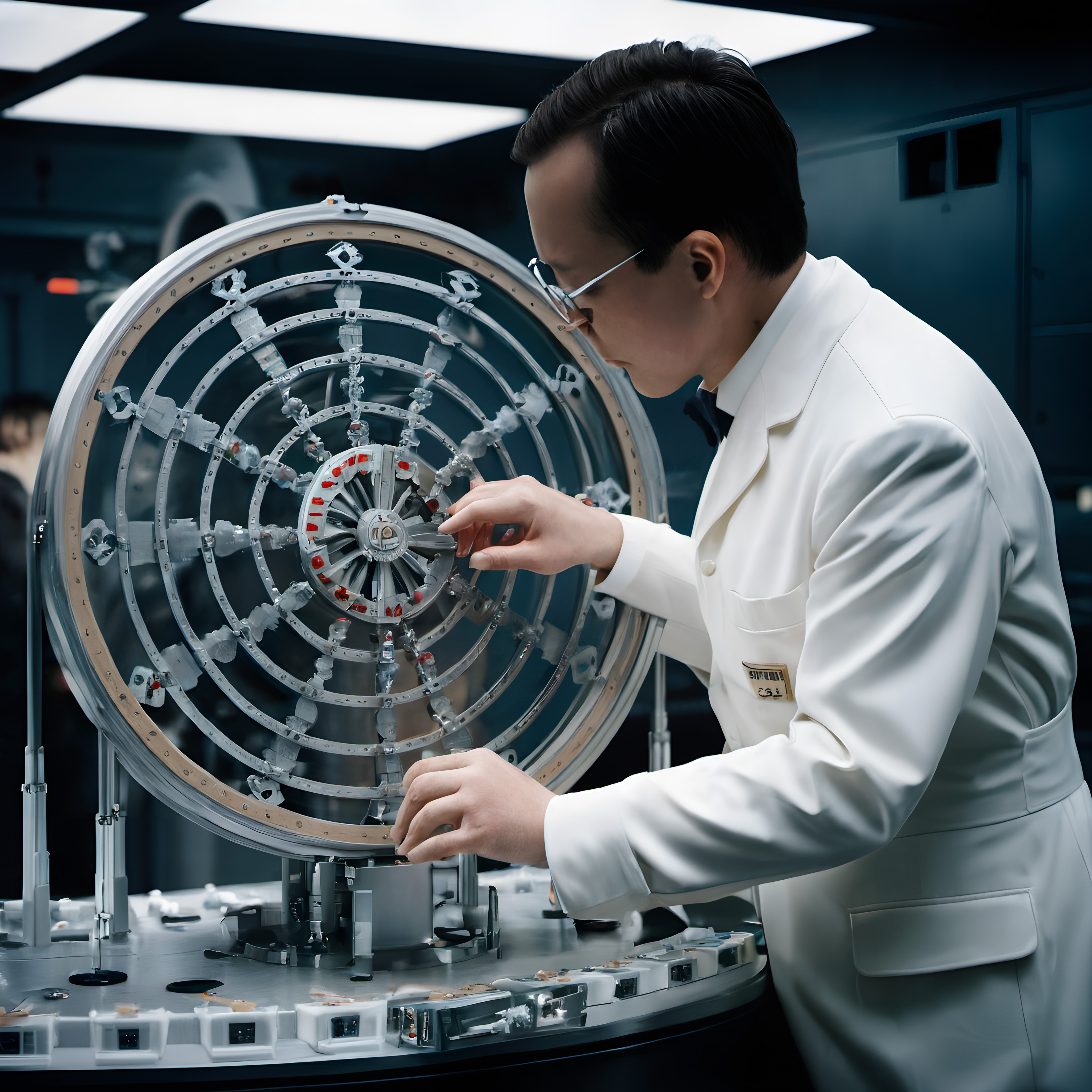 Scientist meticulously assembling advanced experimental machinery in sterile high-tech lab setting