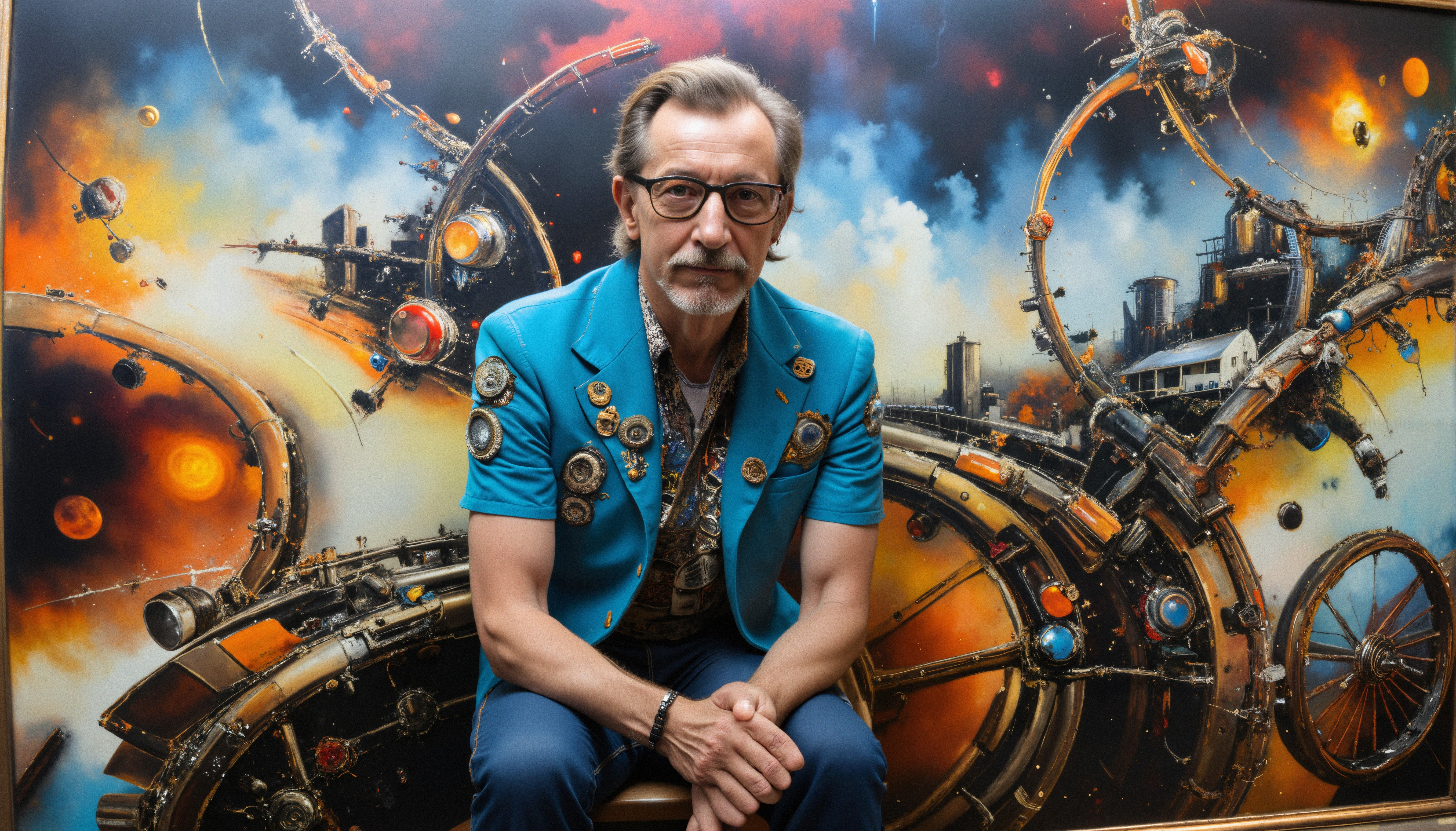 Man in turquoise blazer posing before steampunk cosmic art mural