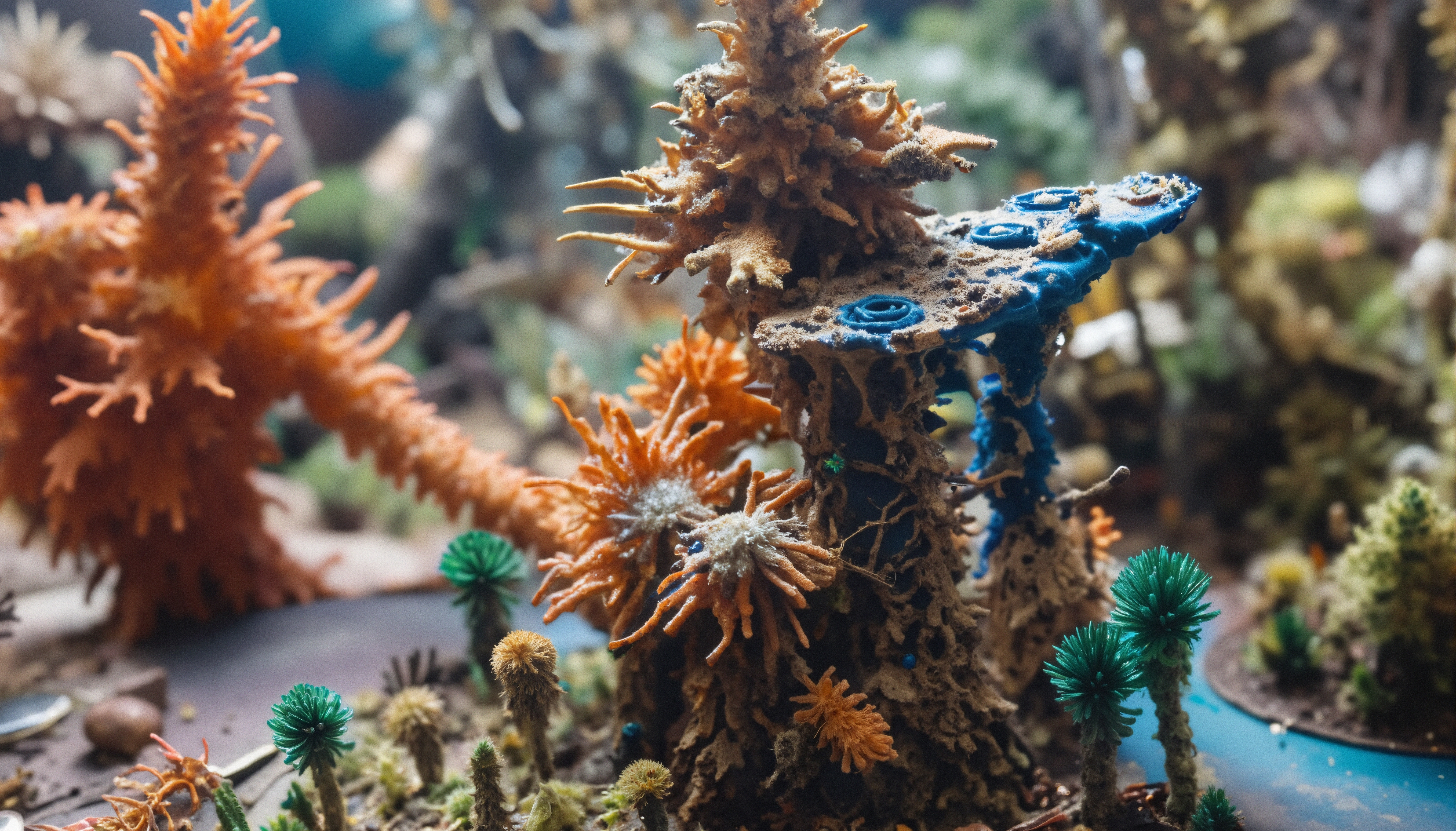 A colorful miniature landscape with coral-like structures.
