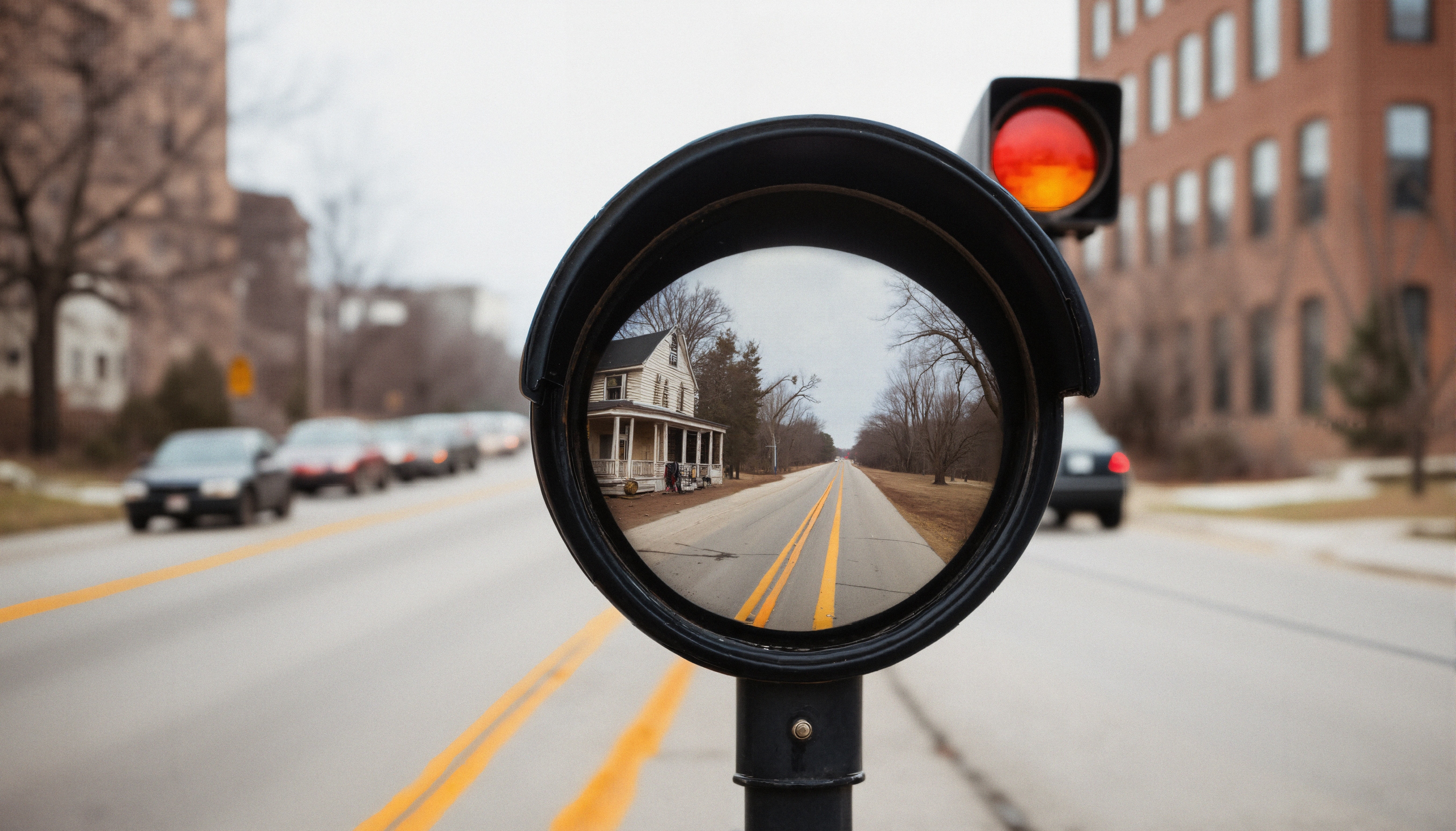 A circular viewfinder reflects a rural scene with a house and an extending road, surrounded by an urban environment, creating an intriguing juxtaposition.