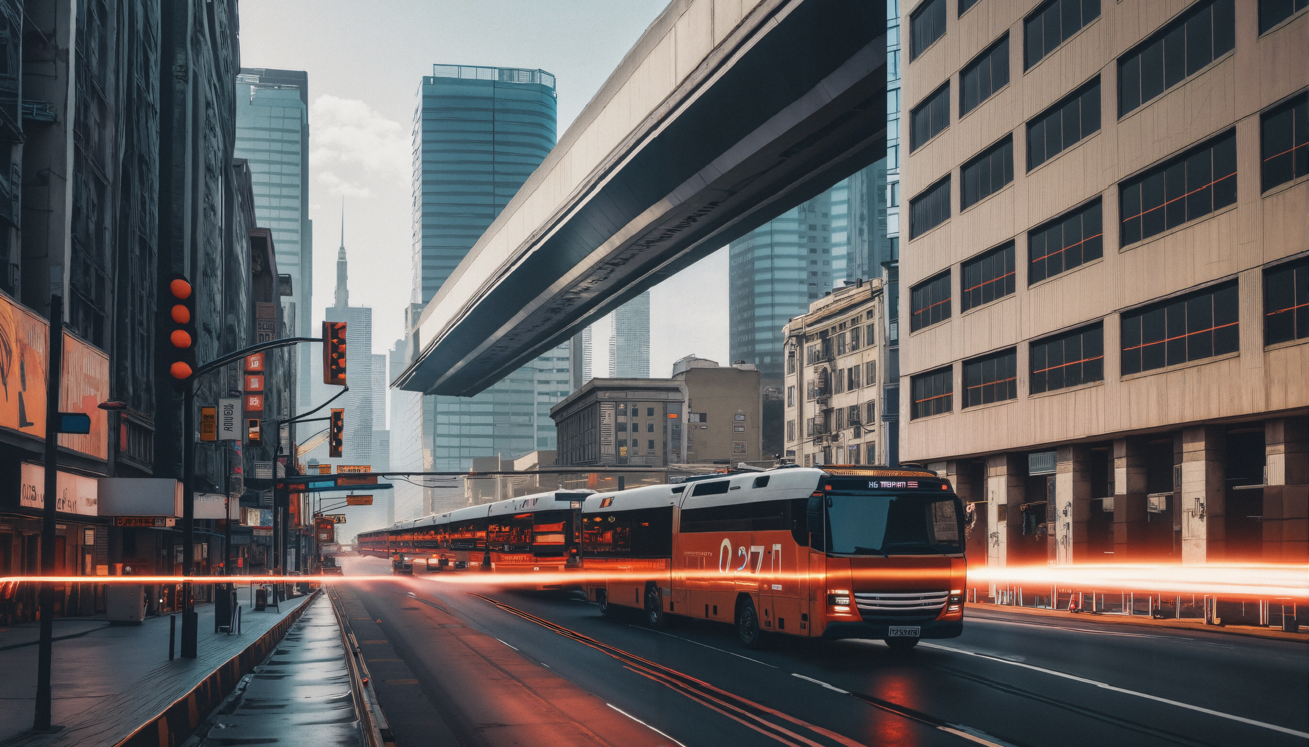 Futuristic orange bus speeding through vibrant neon-lit downtown streets