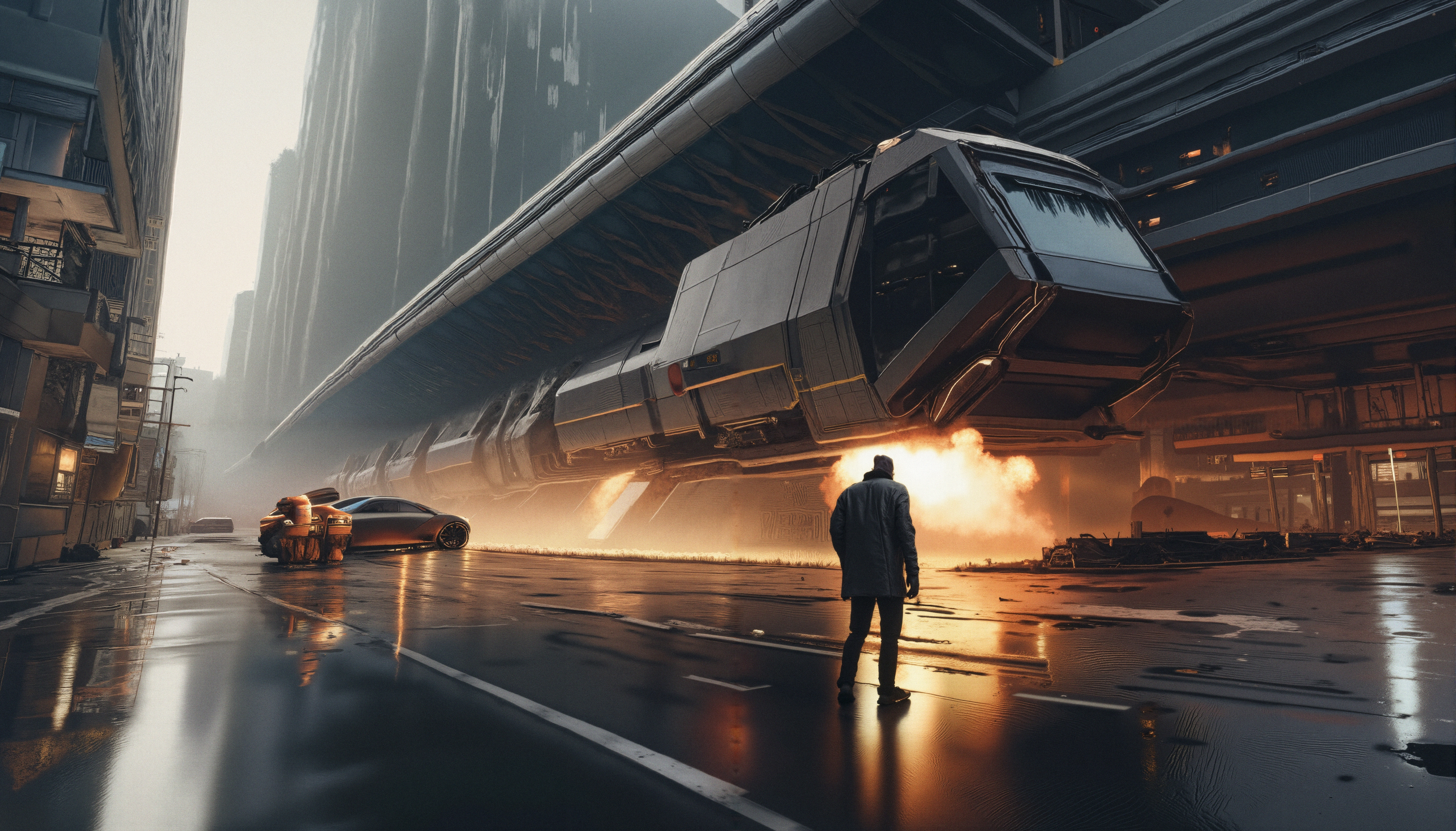 Futuristic city street with hovering vehicle, glowing exhaust, person standing, wet pavement, skyscrapers