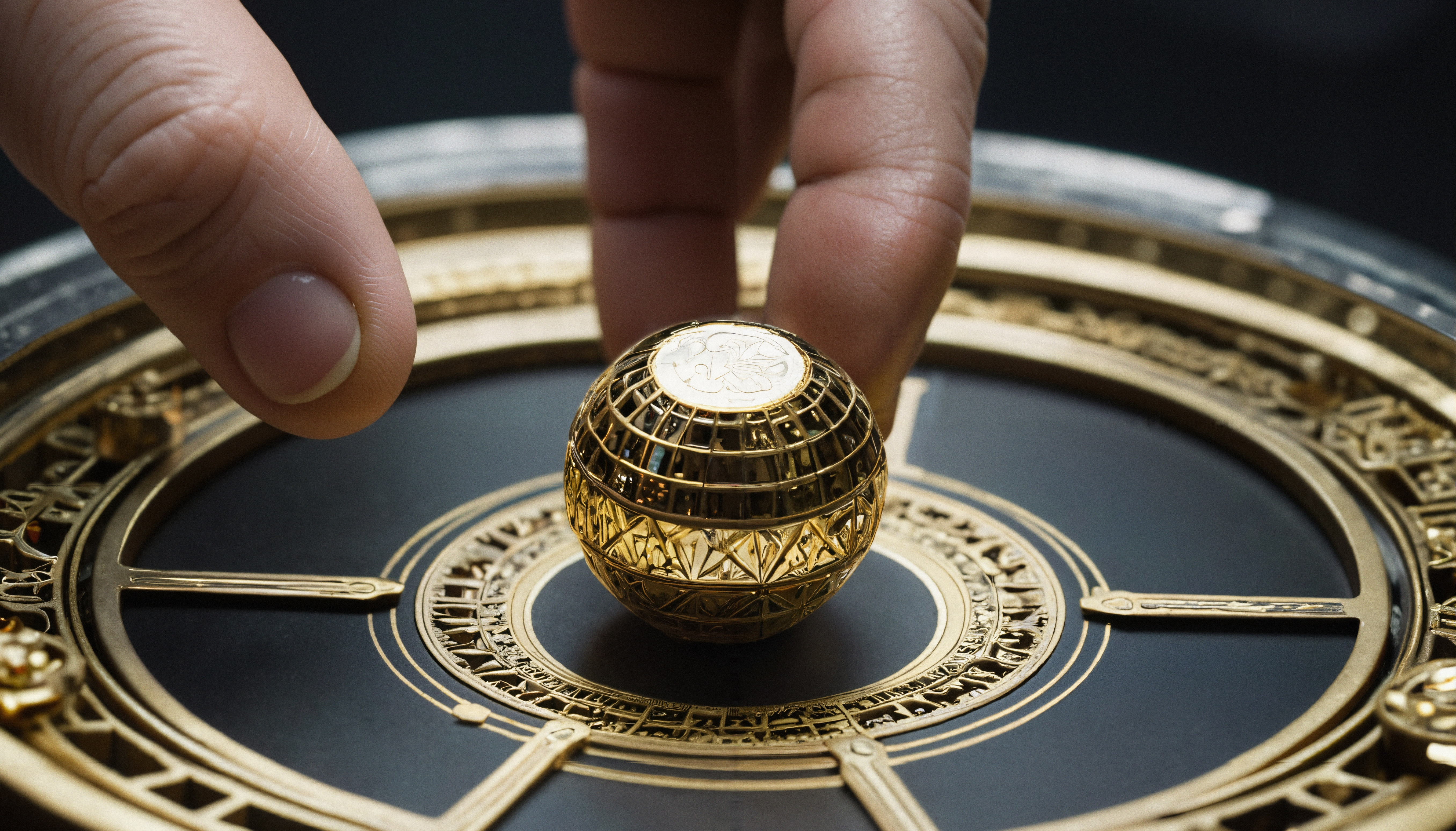 Close-up of a hand touching a golden ornate sphere on an intricate circular device with detailed engravings and luxury design