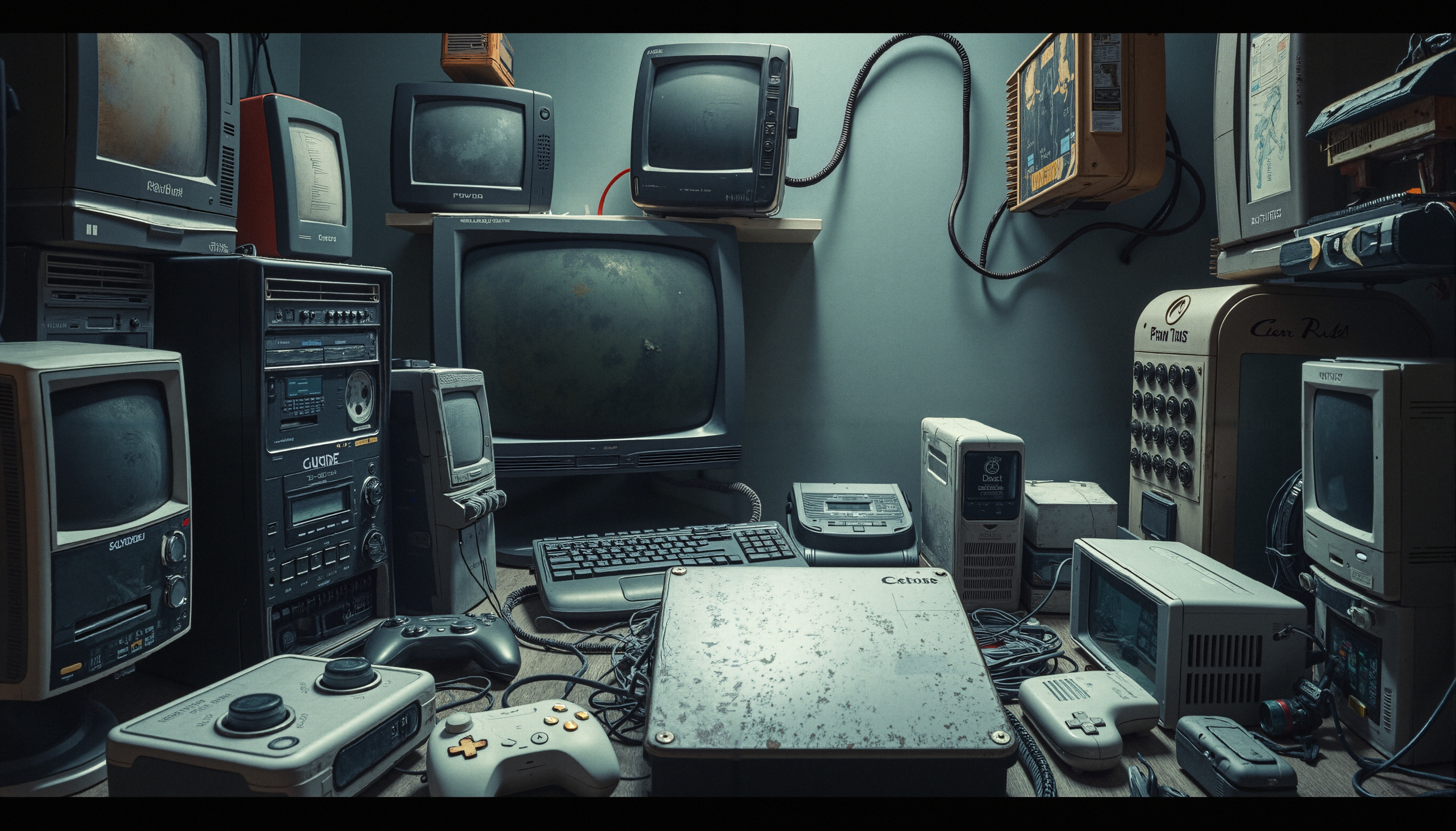 Vintage electronics collection showcasing retro TVs, obsolete computer hardware, old gaming controllers, cassette decks, and antique tech memorabilia in a cluttered nostalgic room