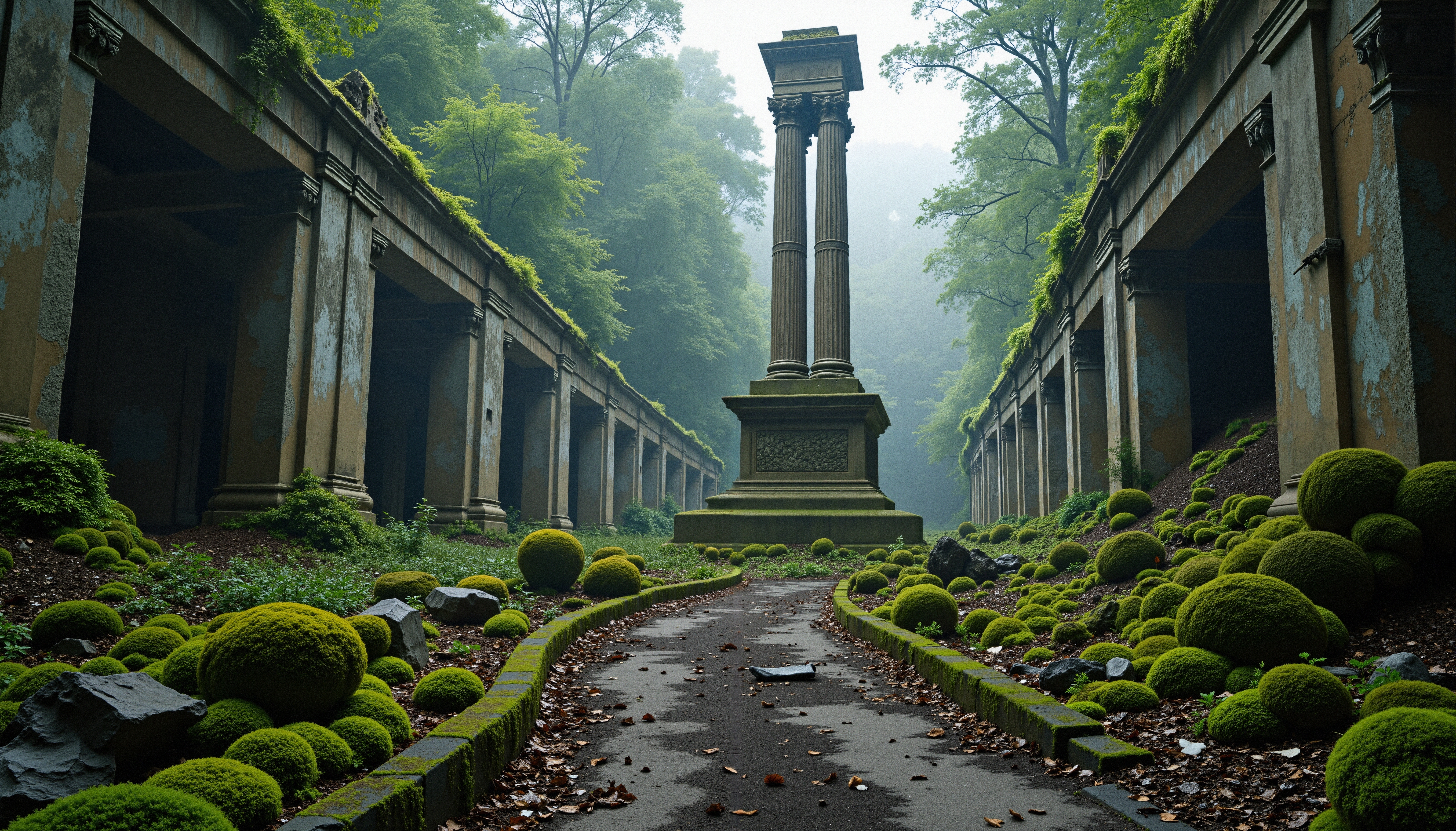 A moss-covered ancient colonnade with a central monument enveloped in greenery, creating a mystical and tranquil atmosphere.