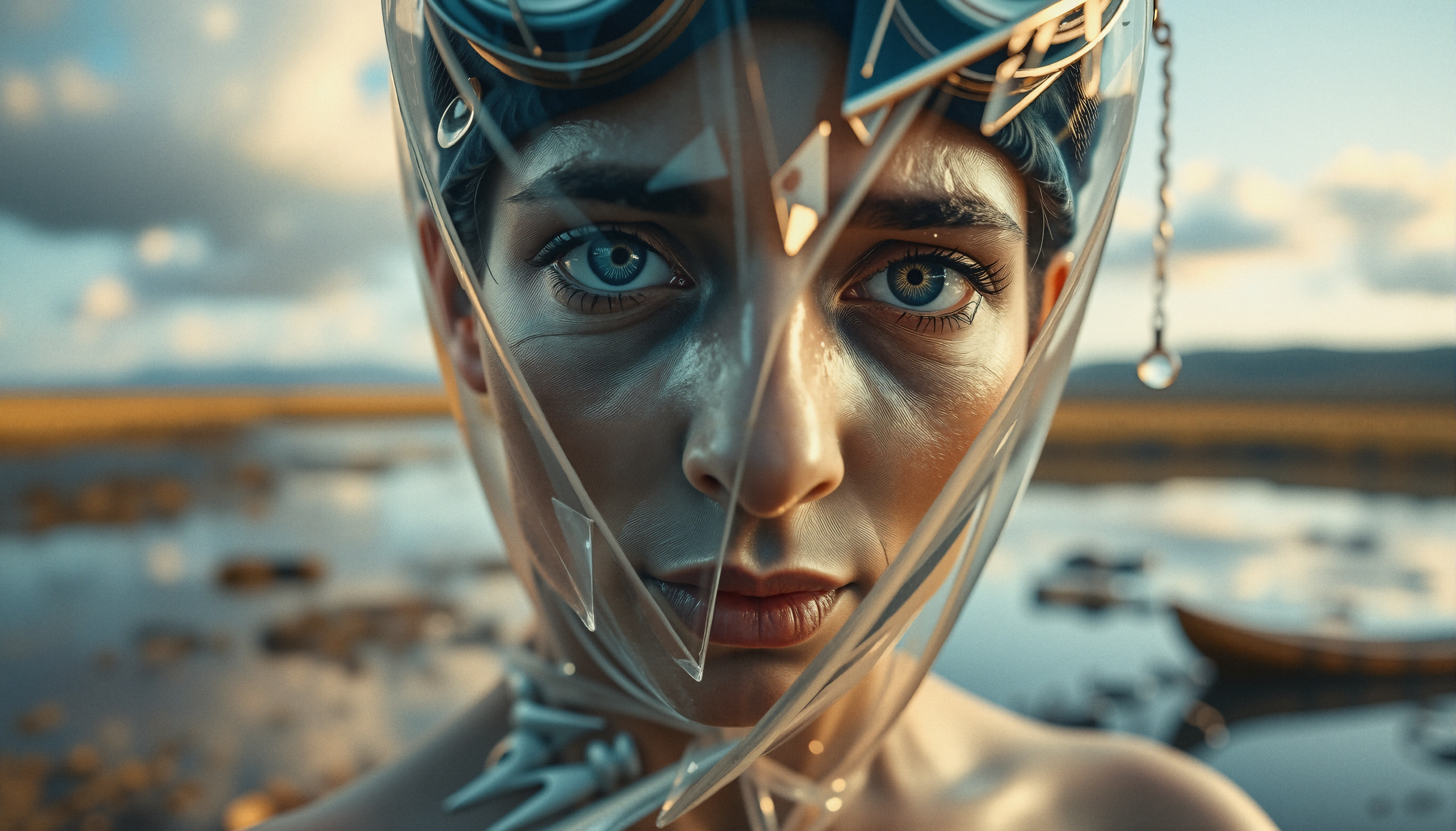Close-up portrait of a woman wearing a futuristic, protective fa