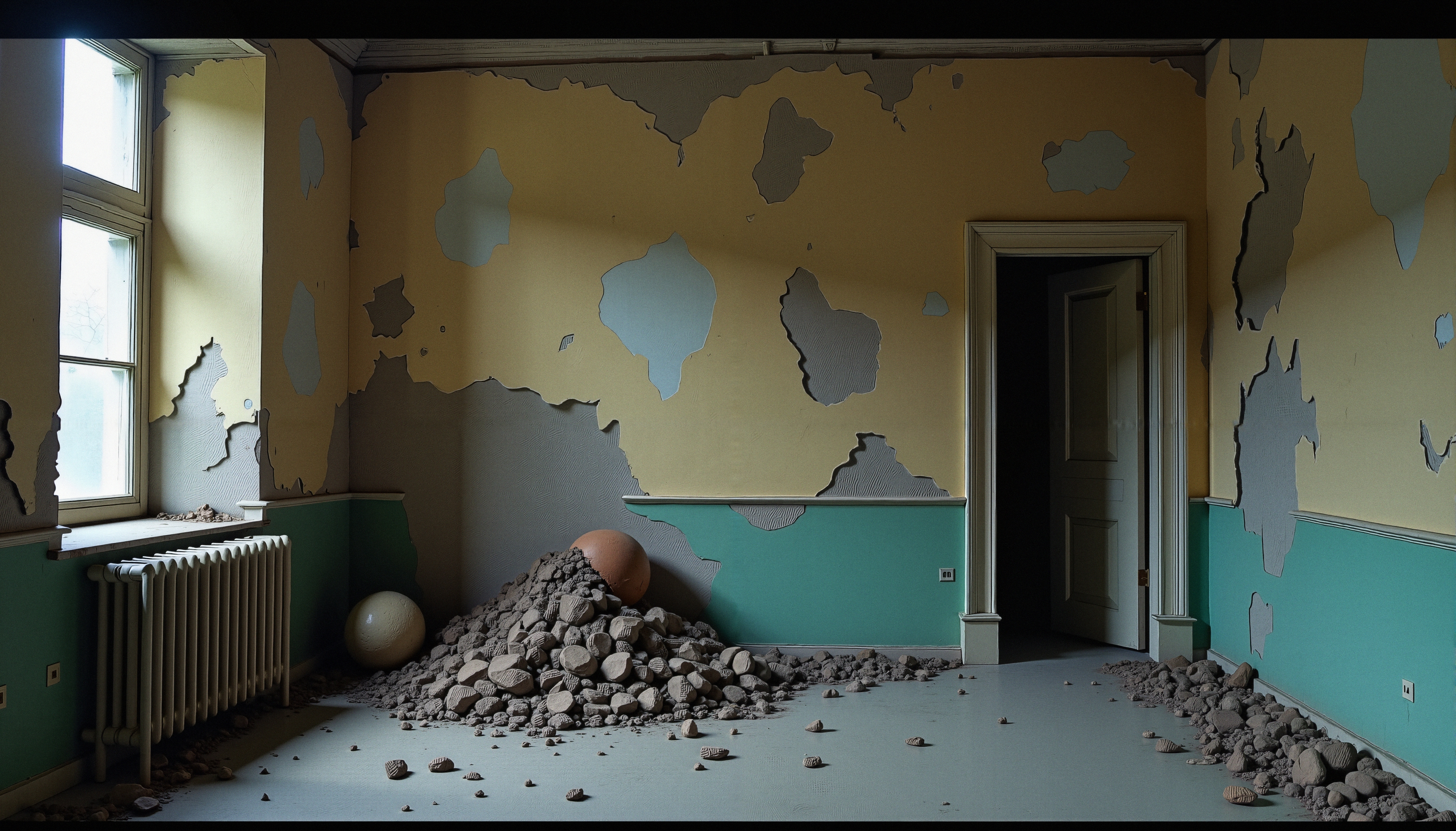 Abandoned room with peeling paint, rubble, and debris.