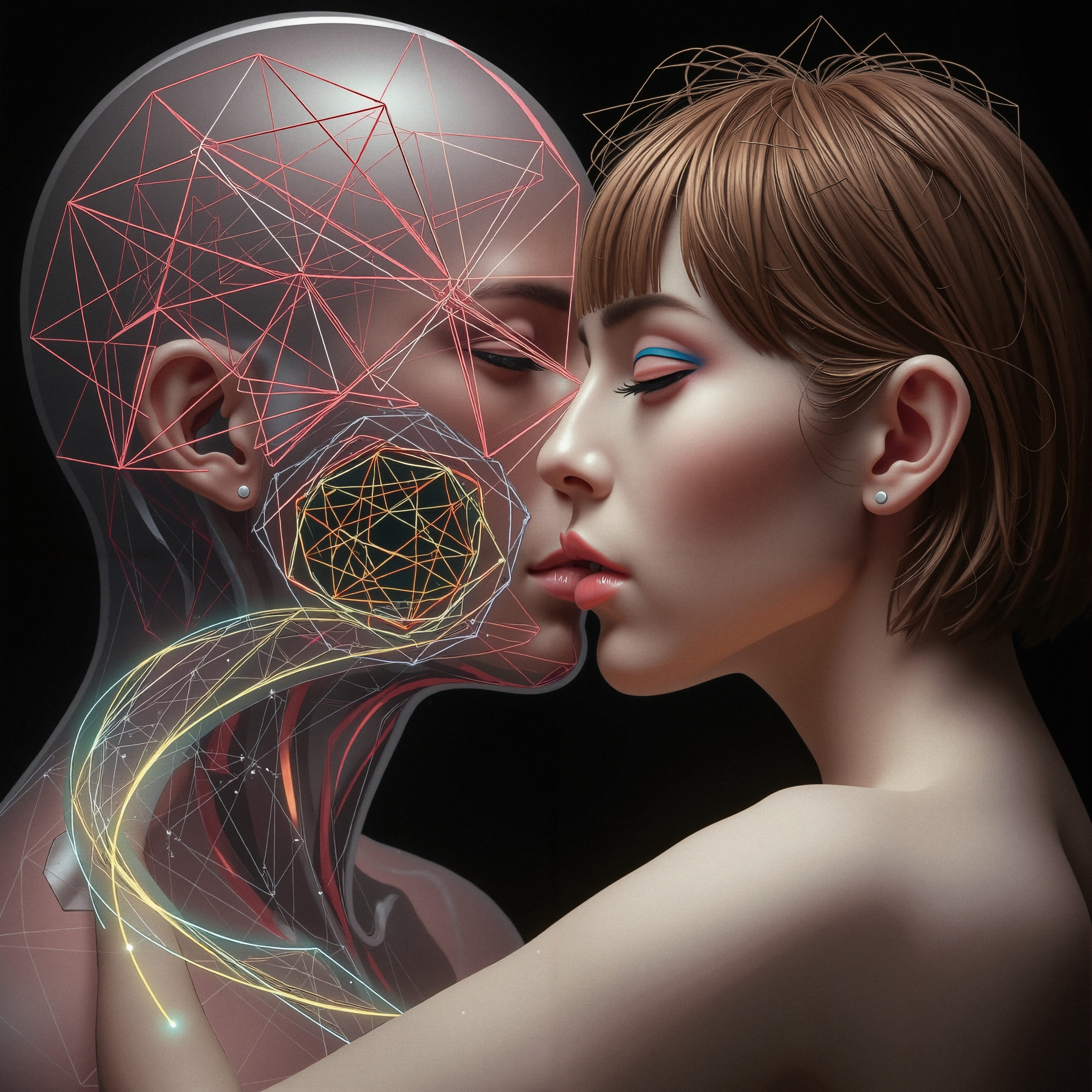 A woman intimately interacting with a semi-transparent futuristic robotic figure featuring geometric shapes and vibrant colors.