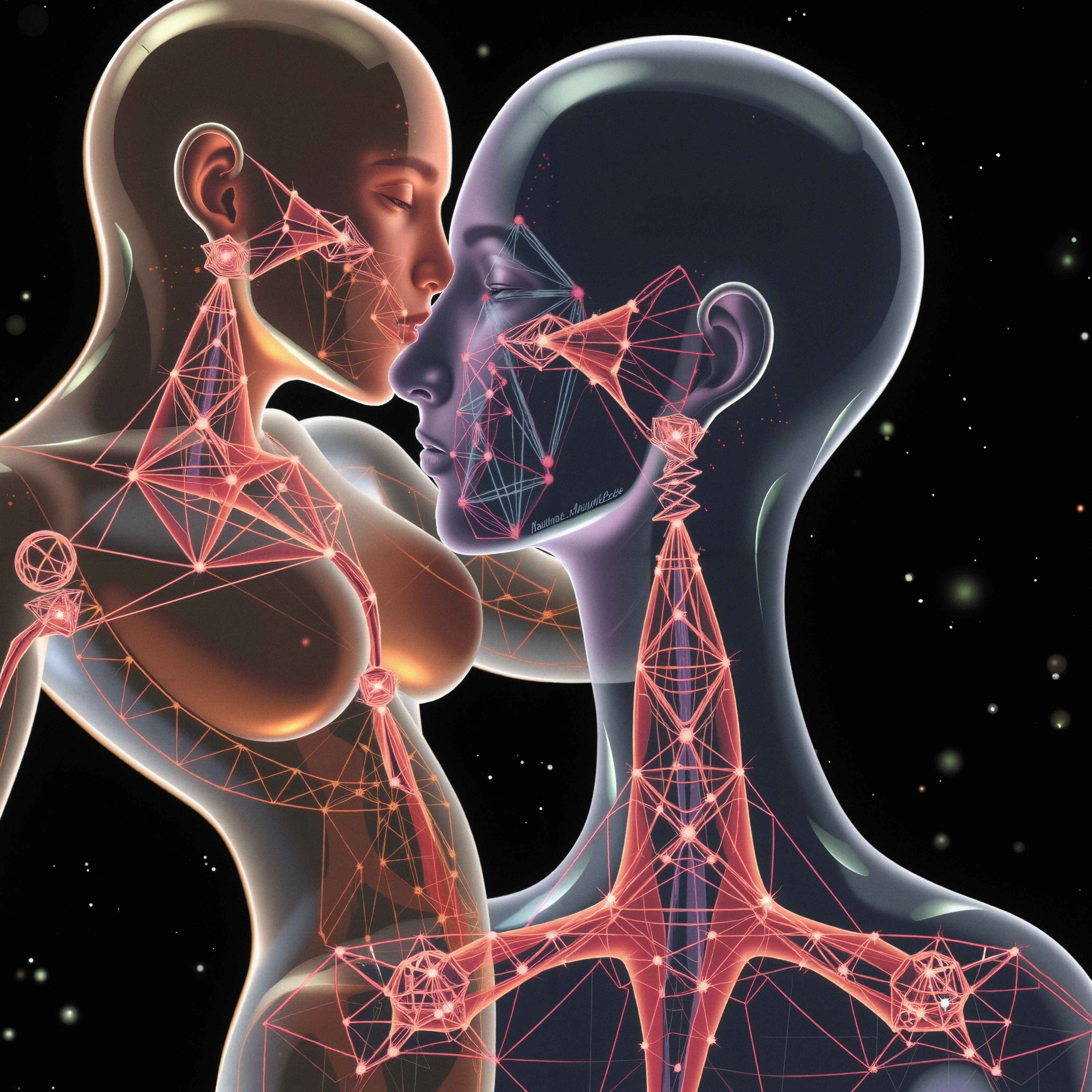 Two abstract human figures with neon geometric patterns against a starry background.