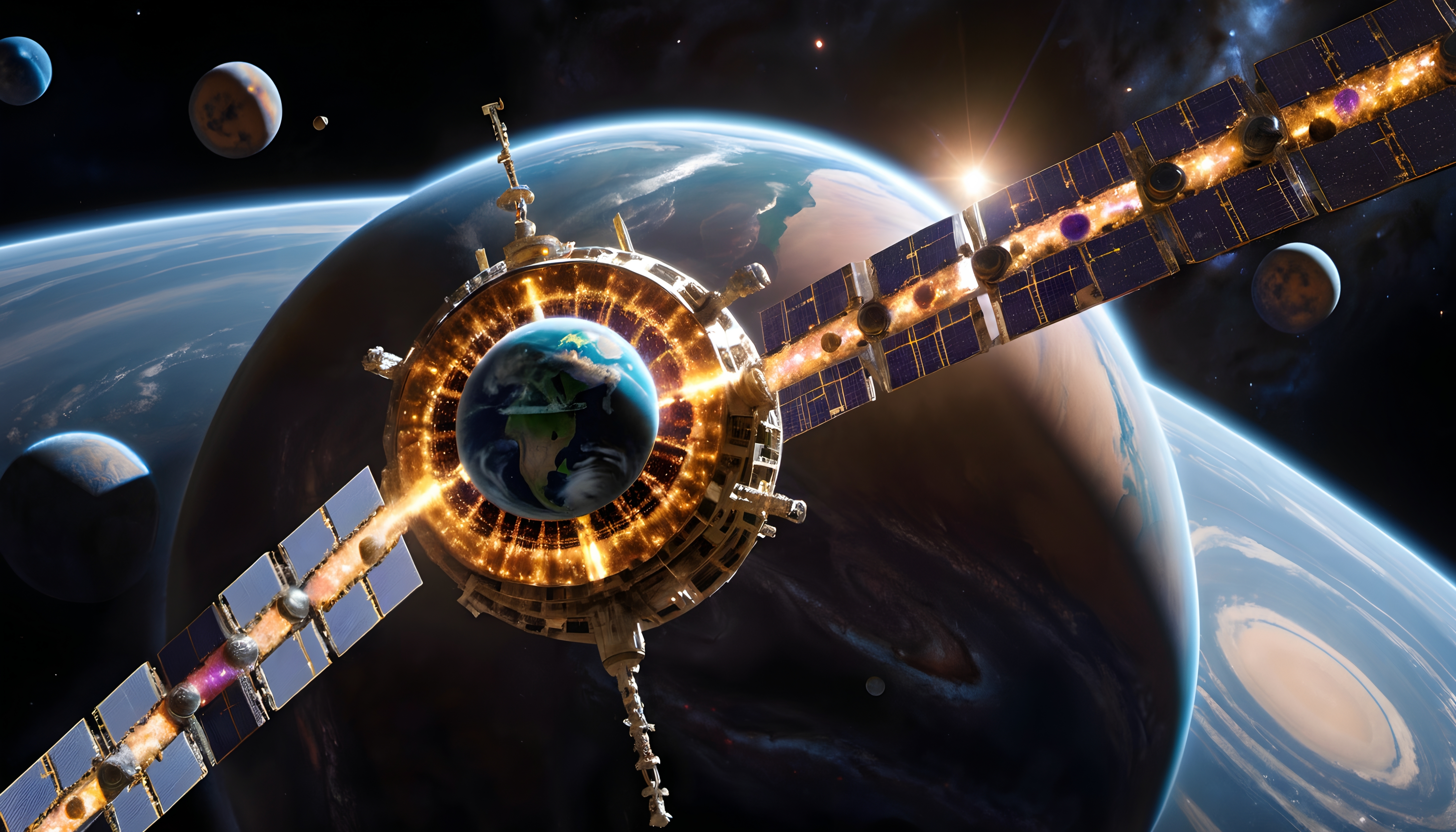 Futuristic satellite orbiting distant planet with celestial bodies.