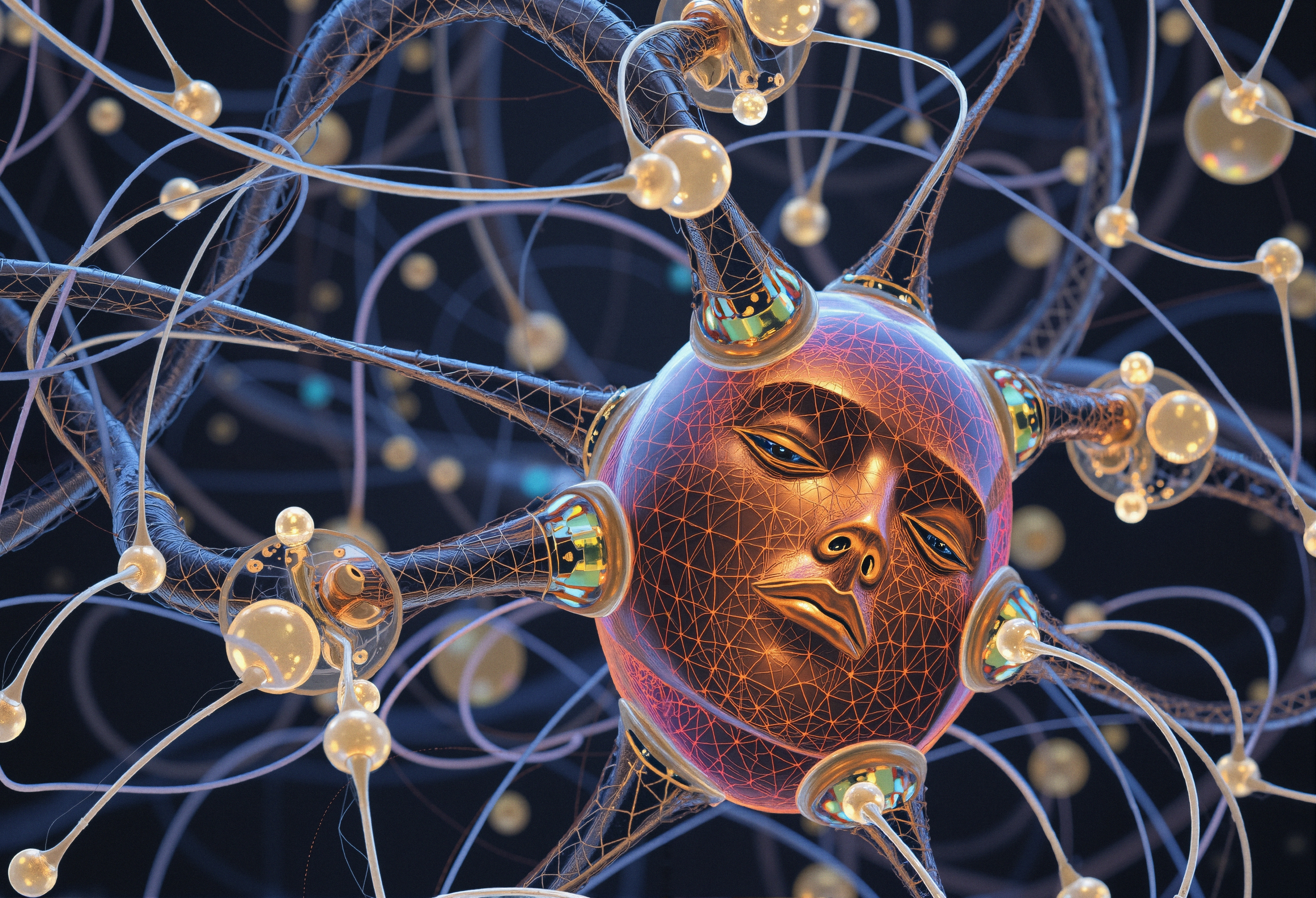Futuristic metallic face surrounded by interconnected neural network and wires, depicting advanced technology.