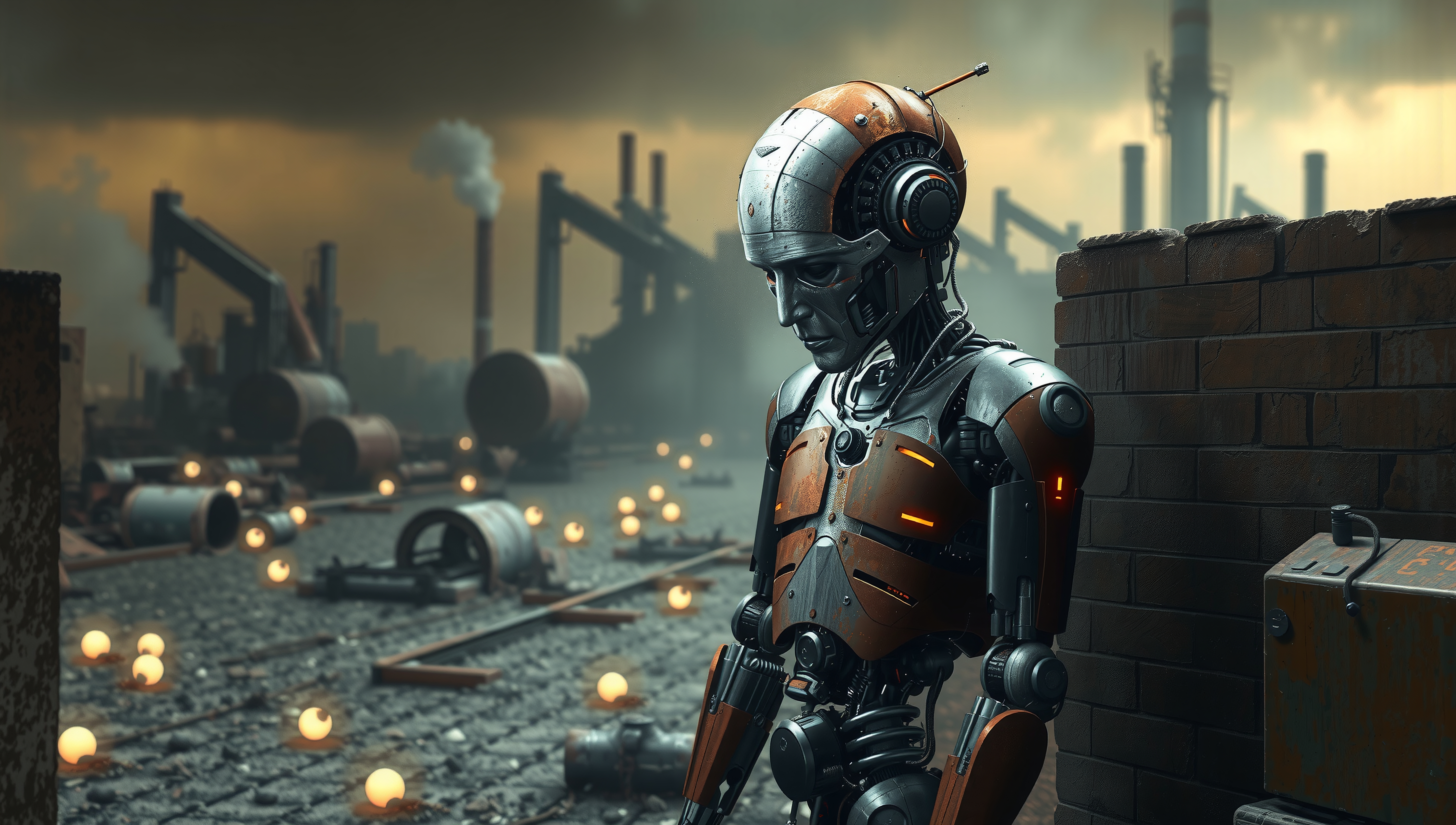 A humanoid robot stands in an industrial wasteland, surrounded by debris and glowing orbs.