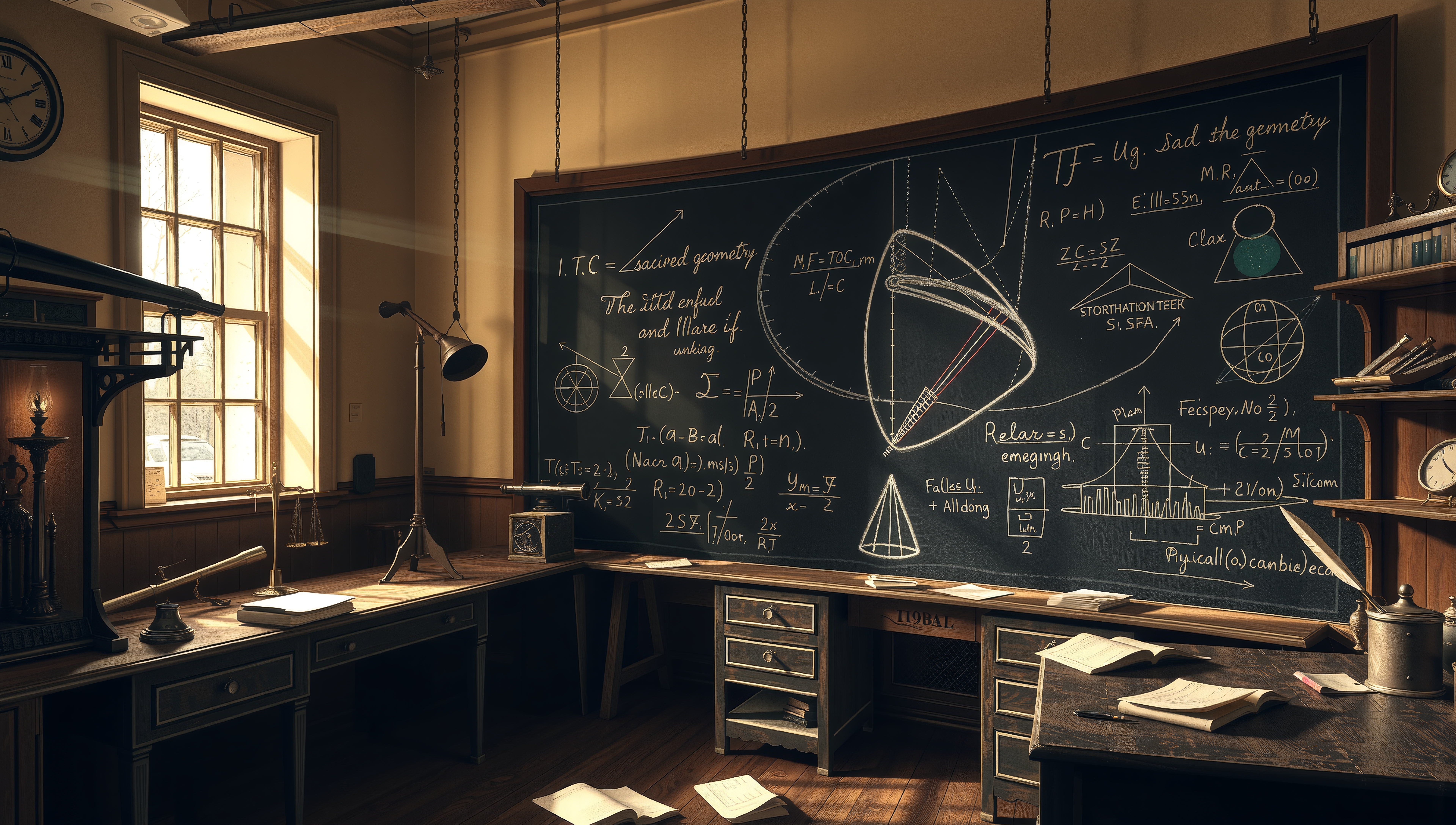 Vintage classroom with chalkboard filled with complex equations and sunlight streaming through a window, showcasing a scholarly atmosphere.