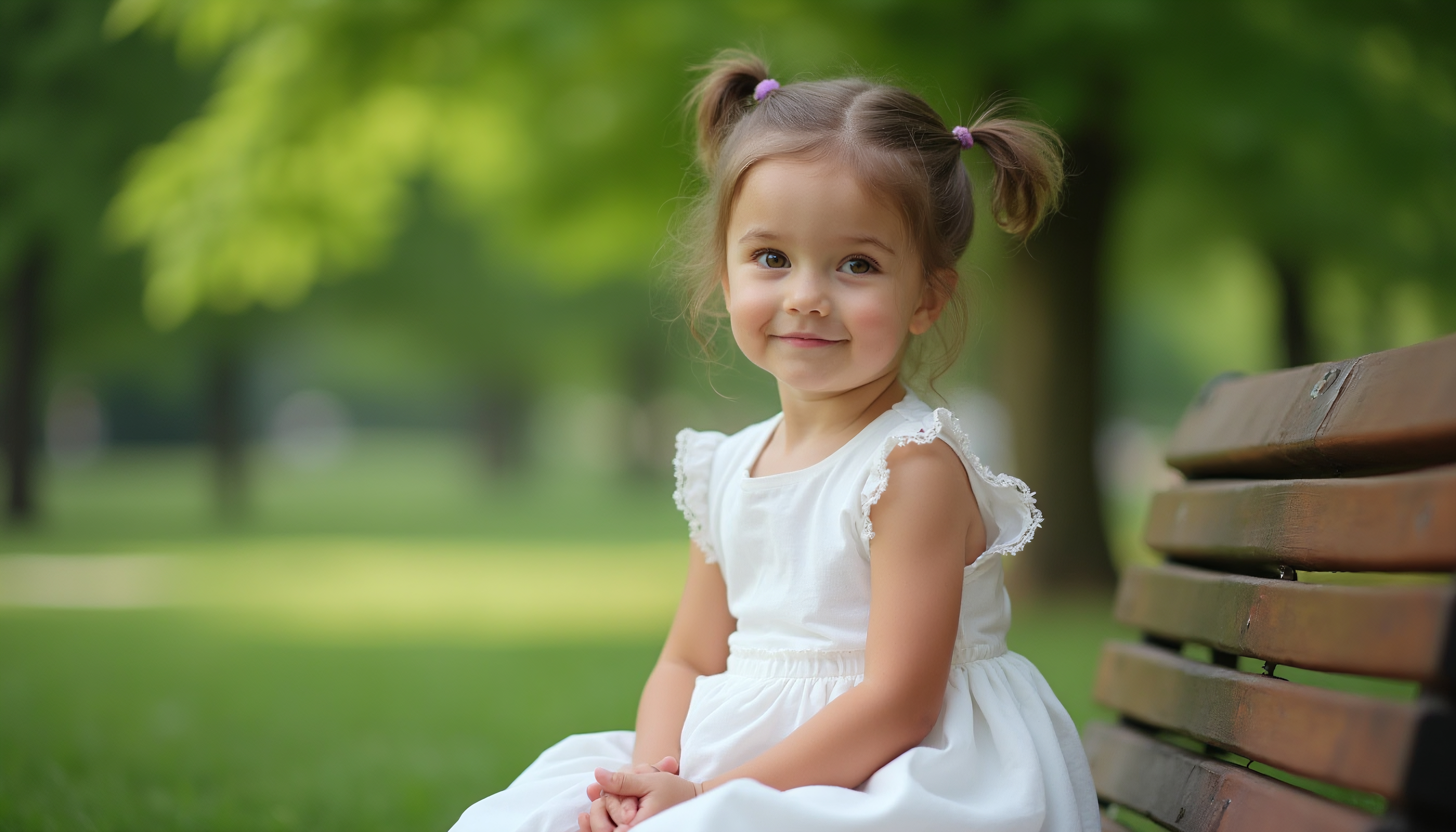 Young girl in white dress sitting on park bench in a sunny green park.