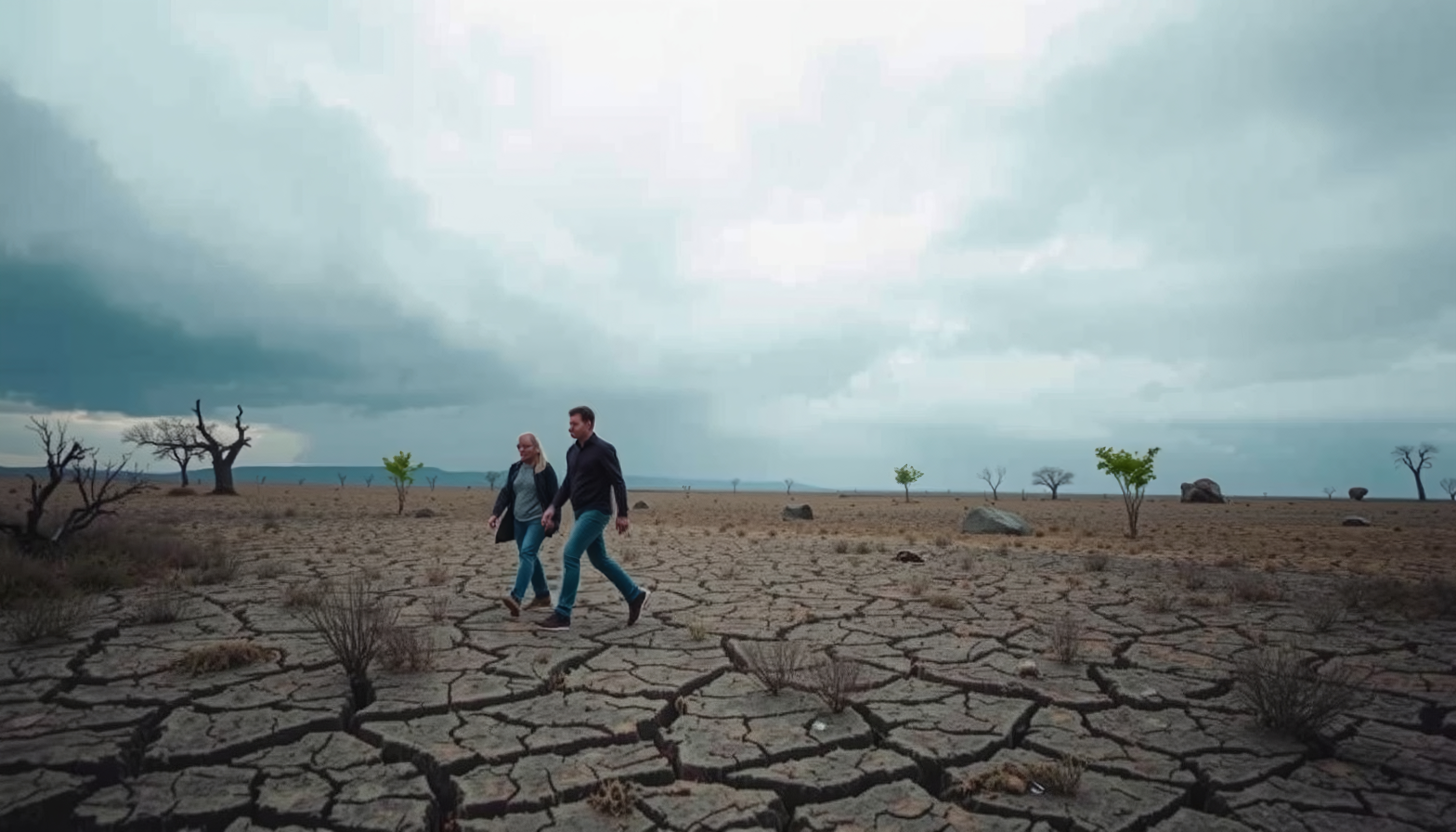 Couple walks on cracked arid ground beneath cloudy skies during adventurous trek through remote African savanna landscape