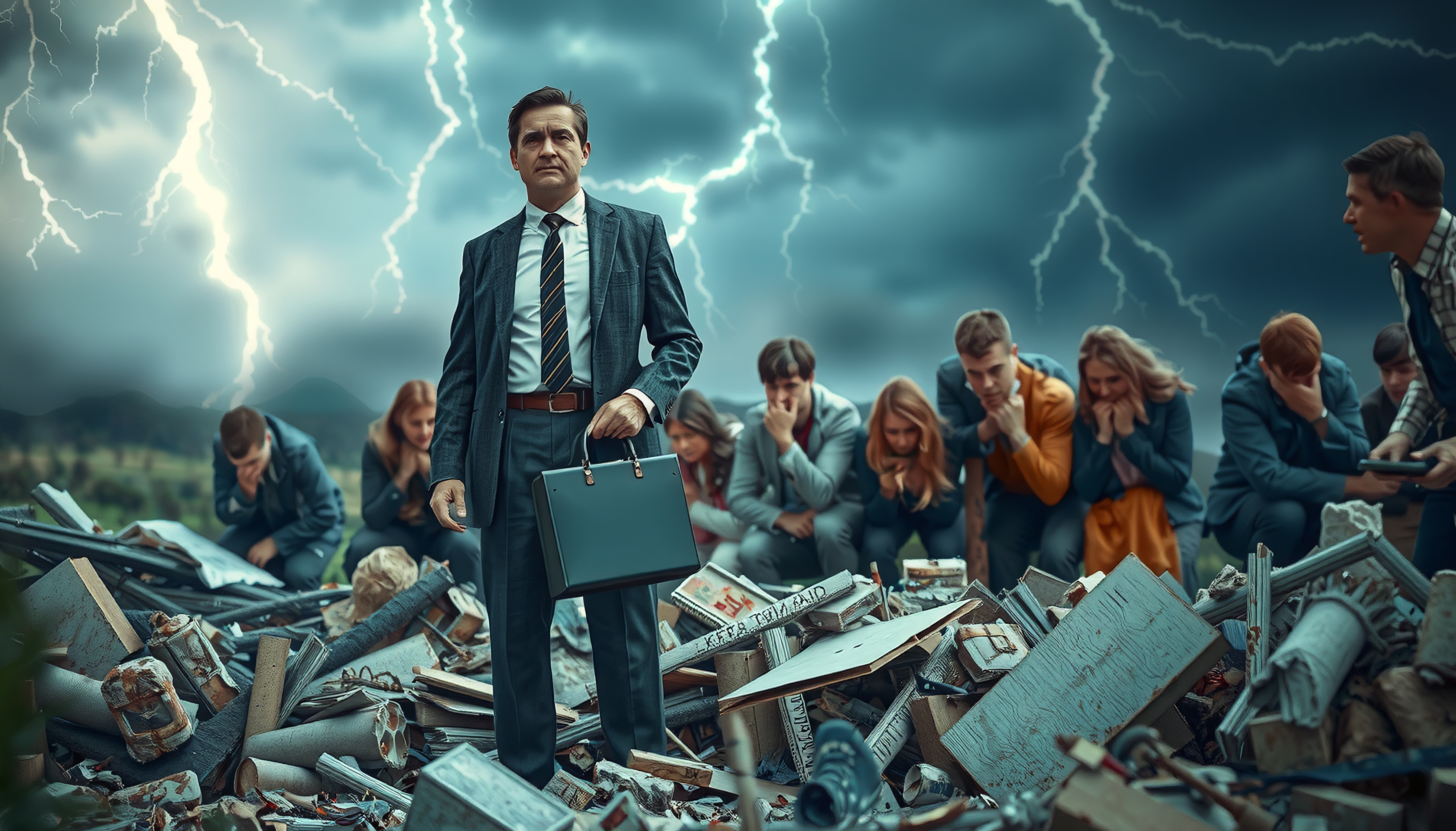Businessman Stands Amidst Ruins Under Stormy Sky with Concerned