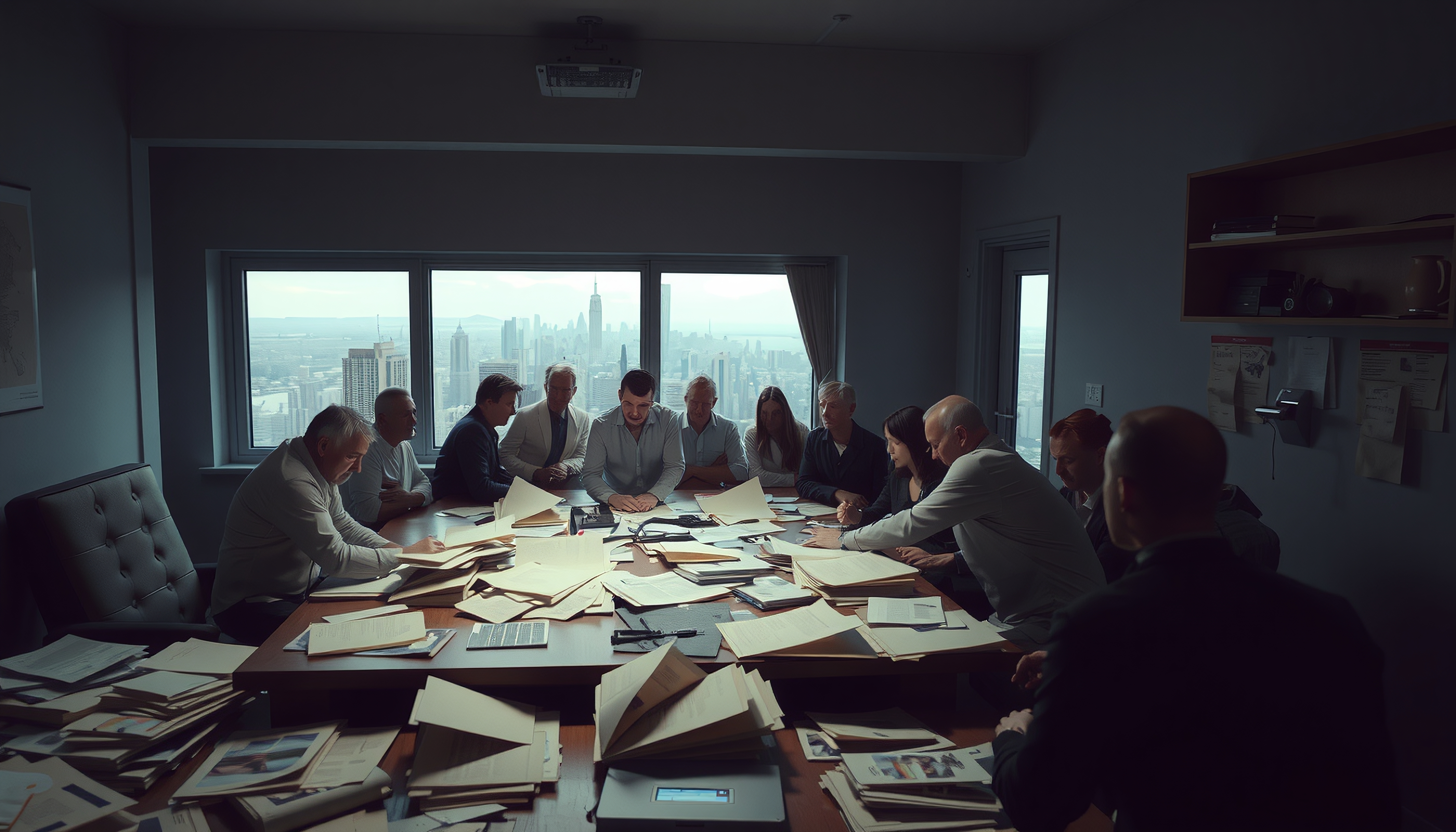 Professionals discuss documents at a conference table with city skyline in background.