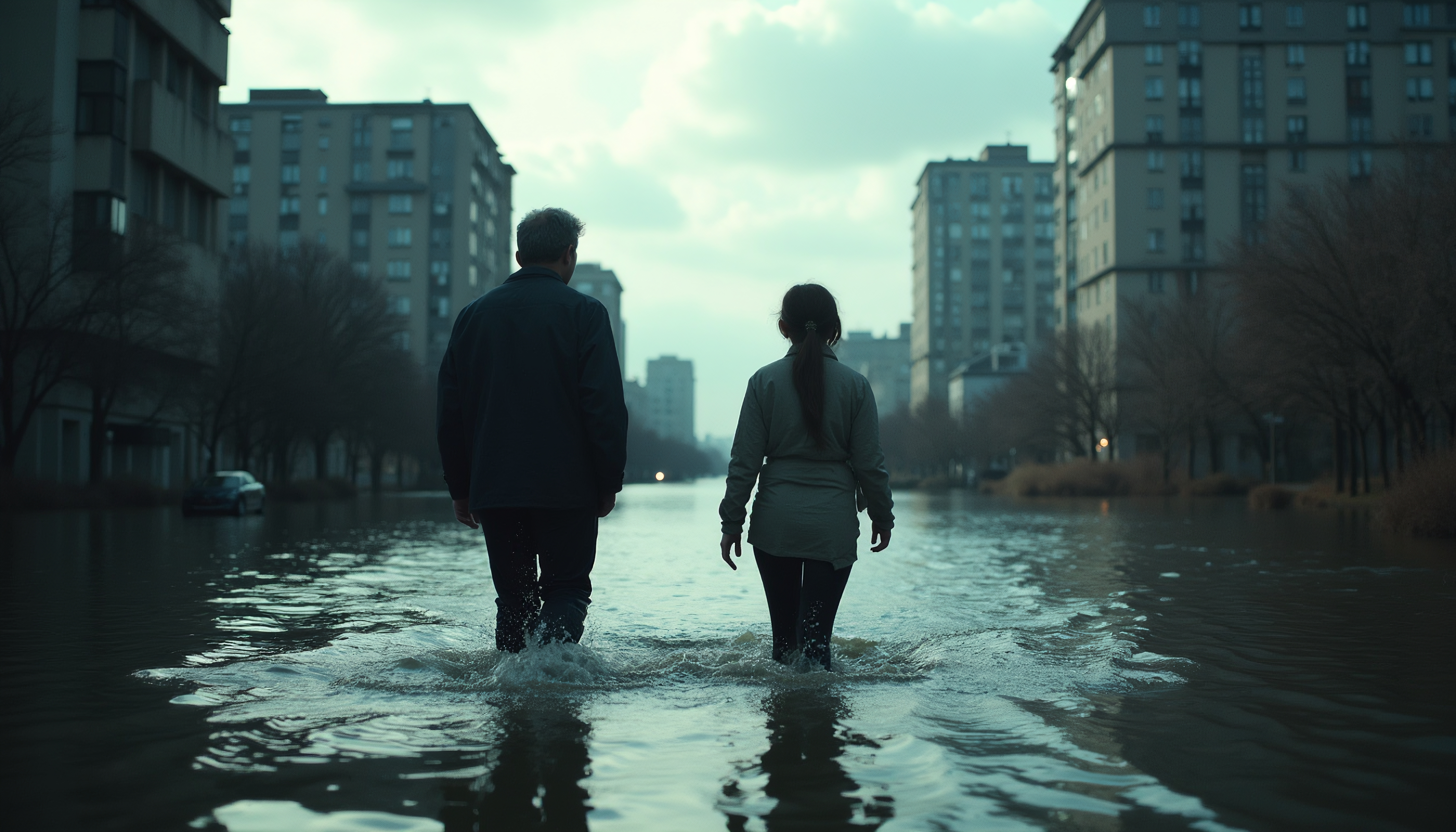 Two people walk through a flooded city street, flanked by high-rise buildings.