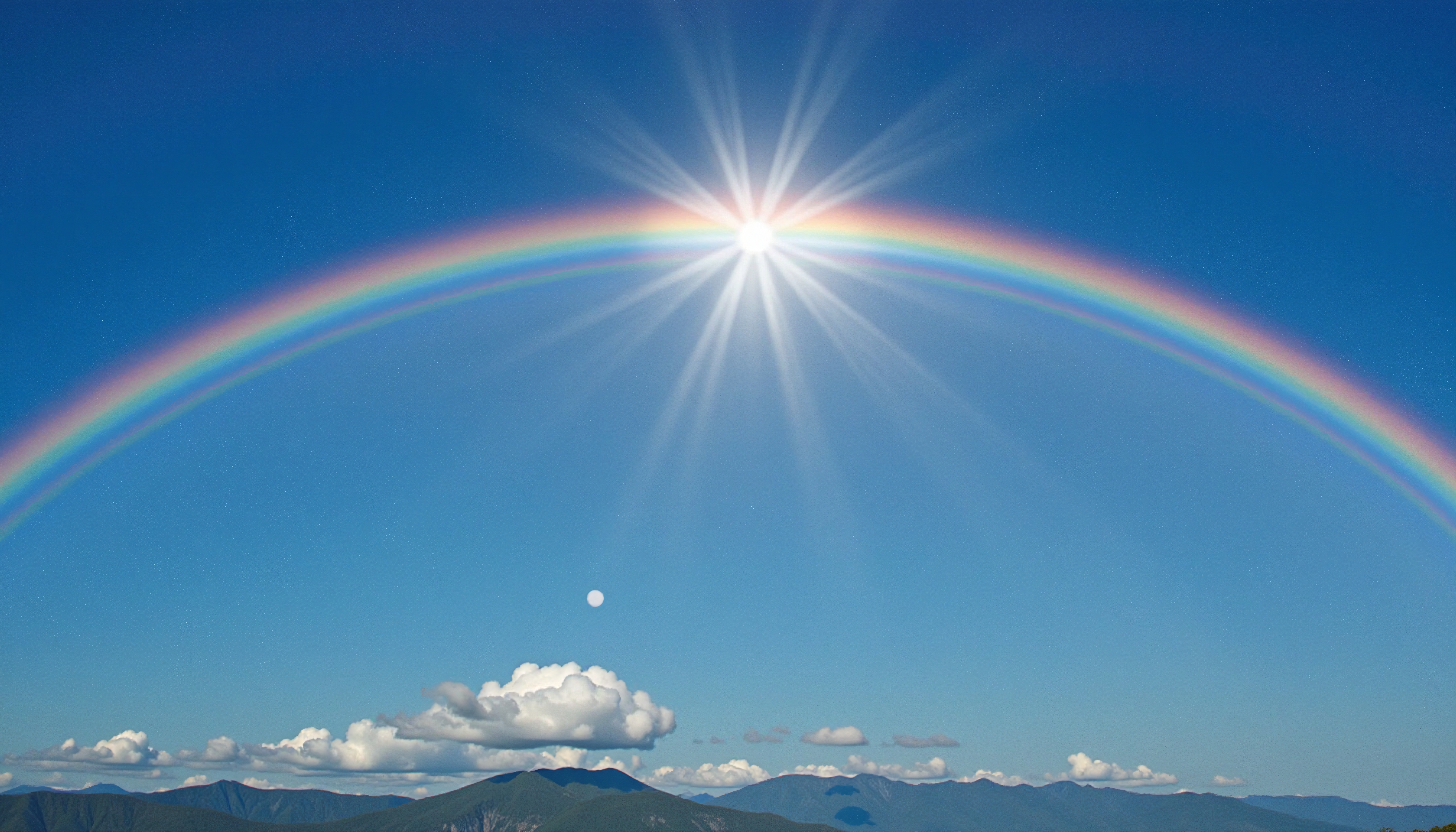Stunning rainbow arches over lush mountain range beneath vibrant blue sky with glowing sunburst effect