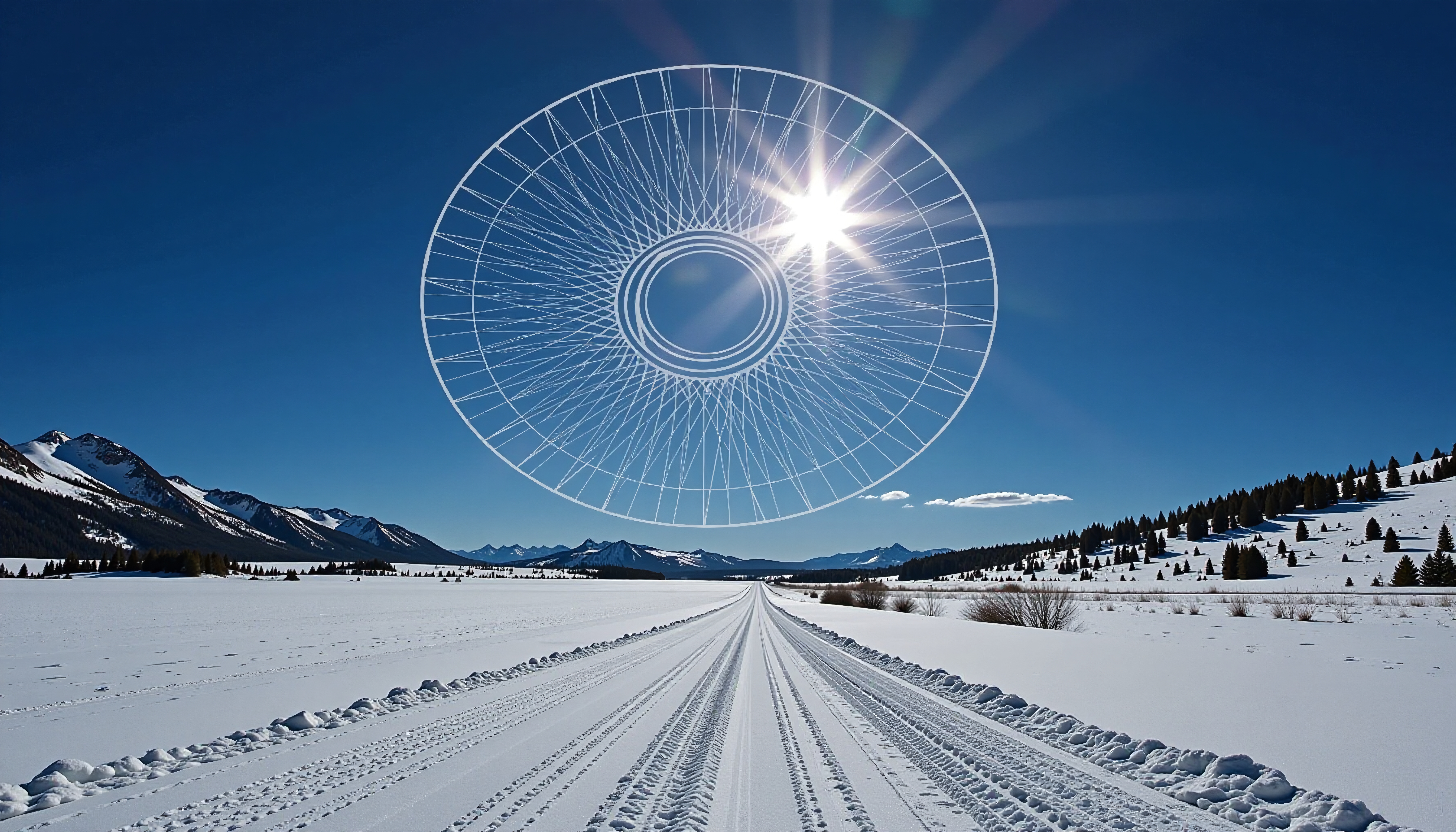 A snowy landscape with tire tracks leading into distant mountains, under a blue sky with a large abstract geometric circle and shining sun.