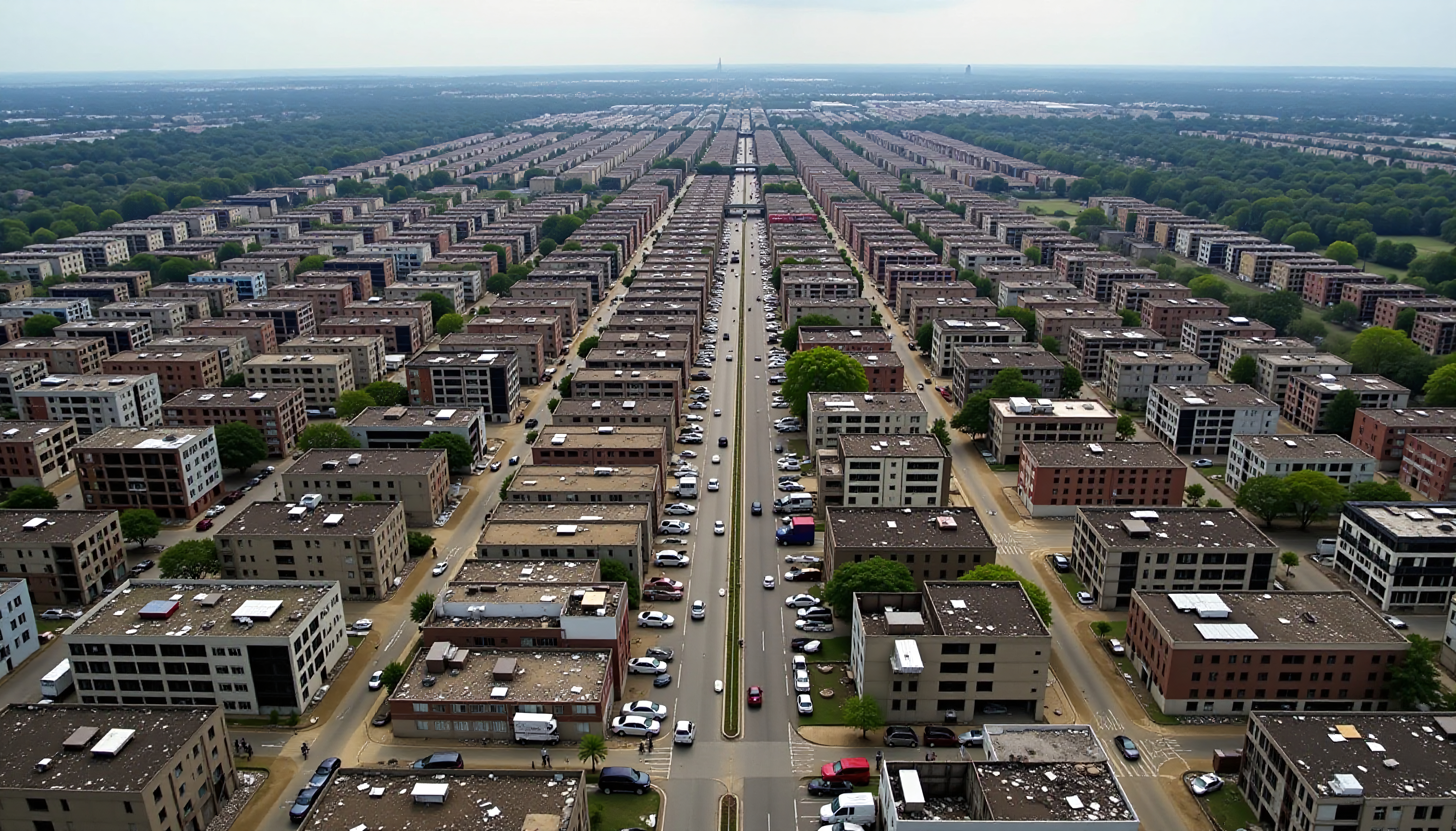 Aerial drone shot of symmetrical urban residential area with apartment blocks, parking lots, trees, and distant skyline under cloudy skies