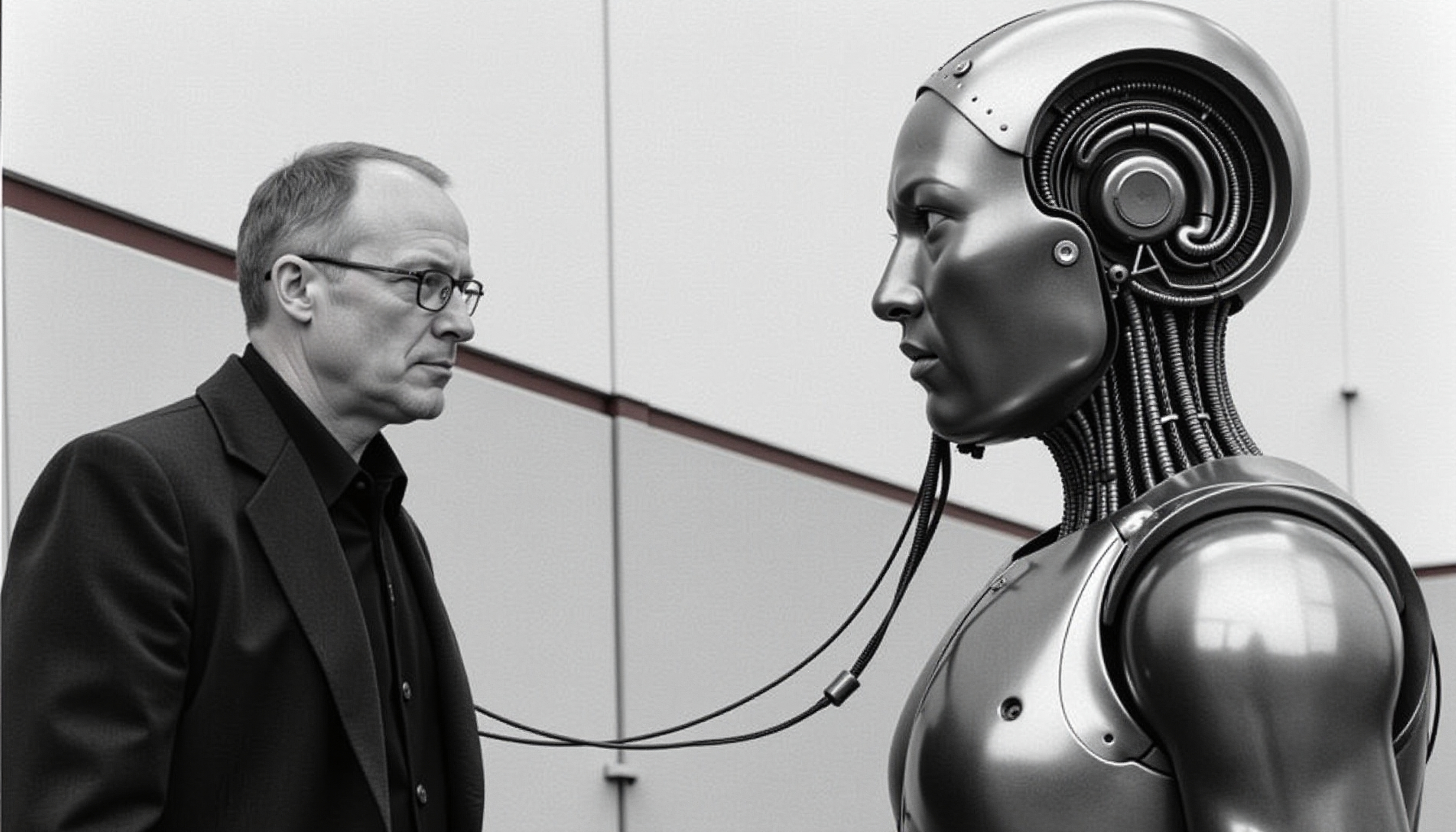 A man stares at a futuristic humanoid robot in a minimalist setting, highlighting human-technology interaction.