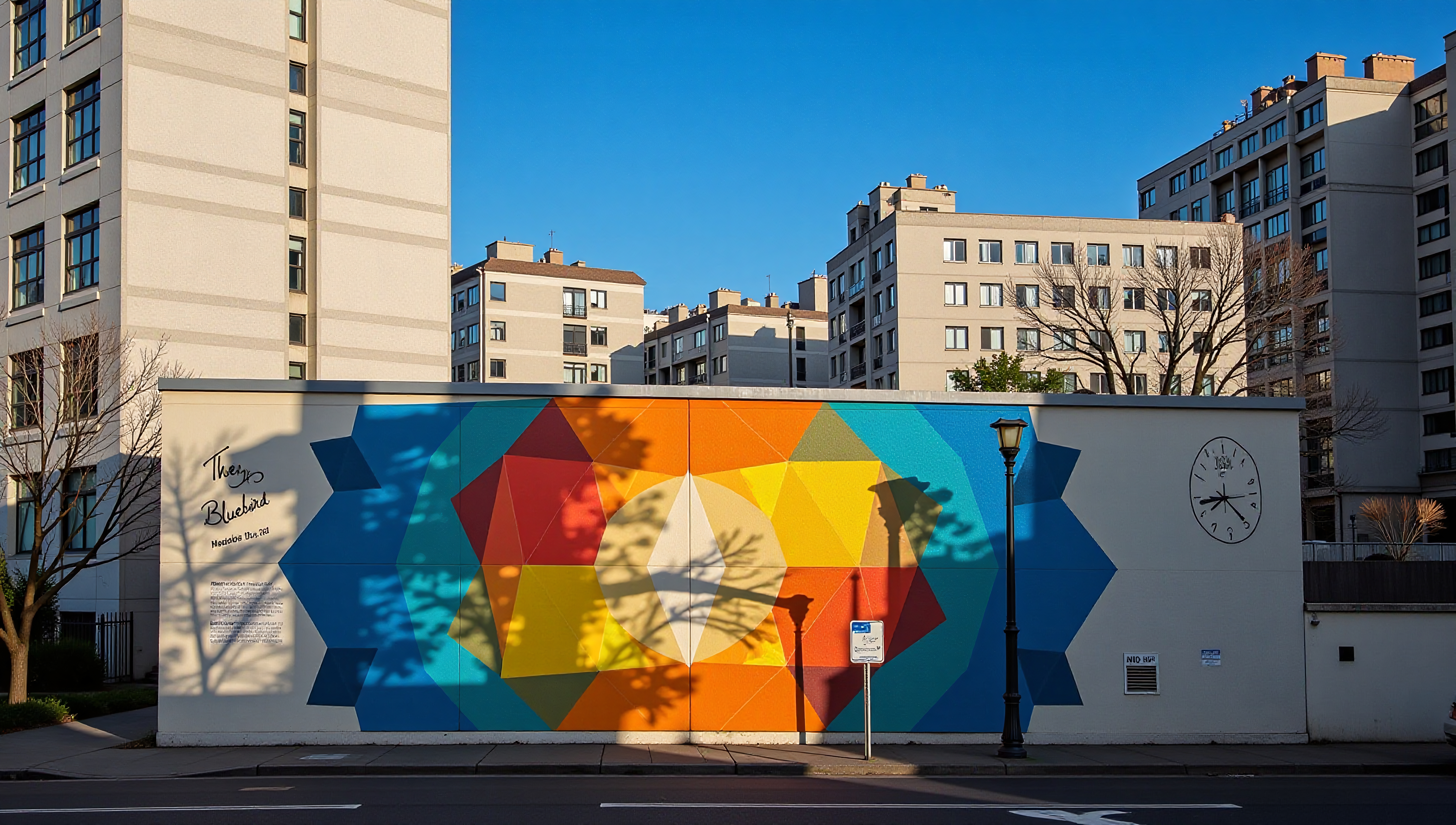 A vibrant geometric mural on a white building with colorful hexagons, trees, and a clock in an urban setting under a blue sky.