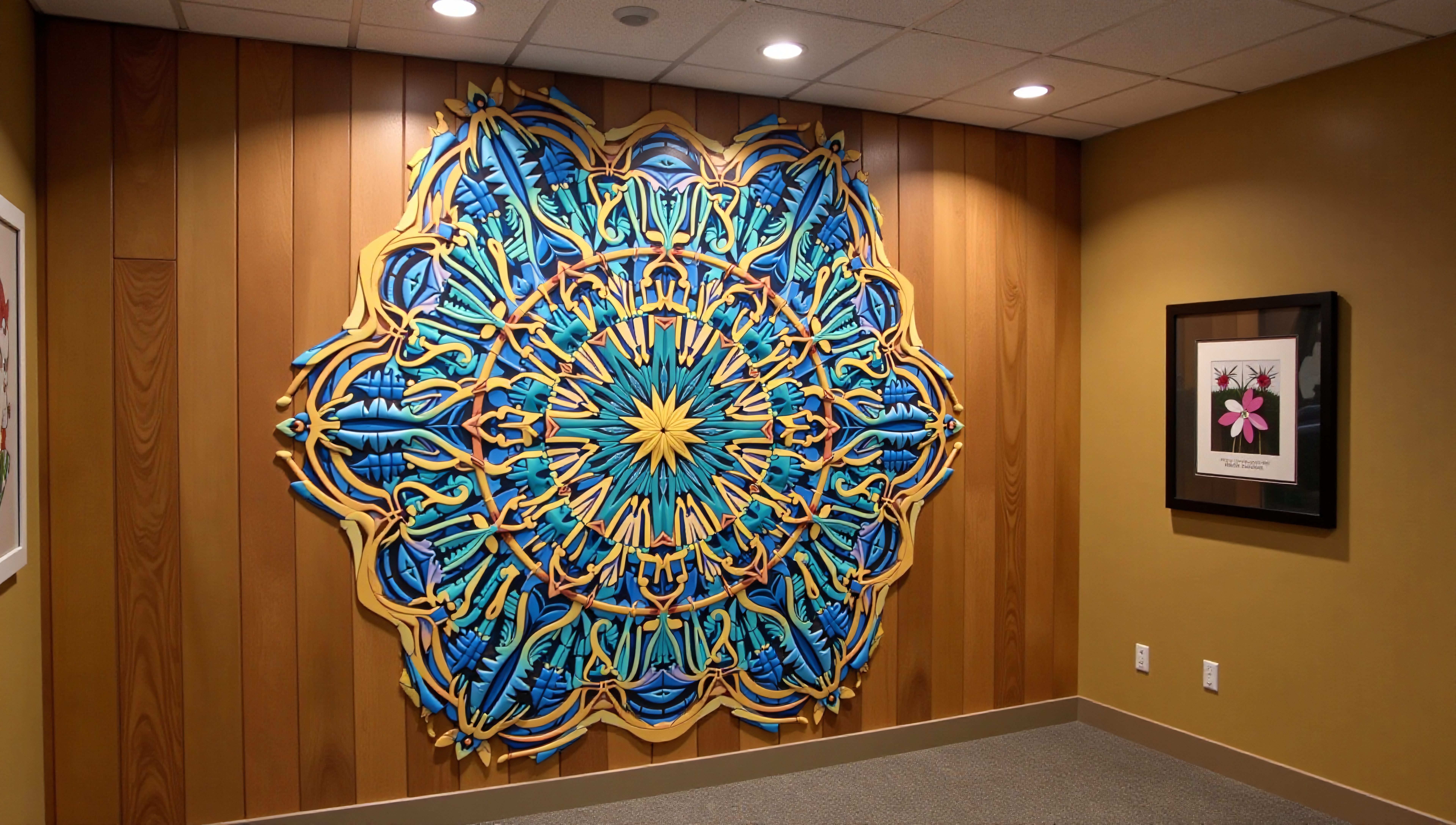 A vibrant 3D mandala on wooden-paneled walls.