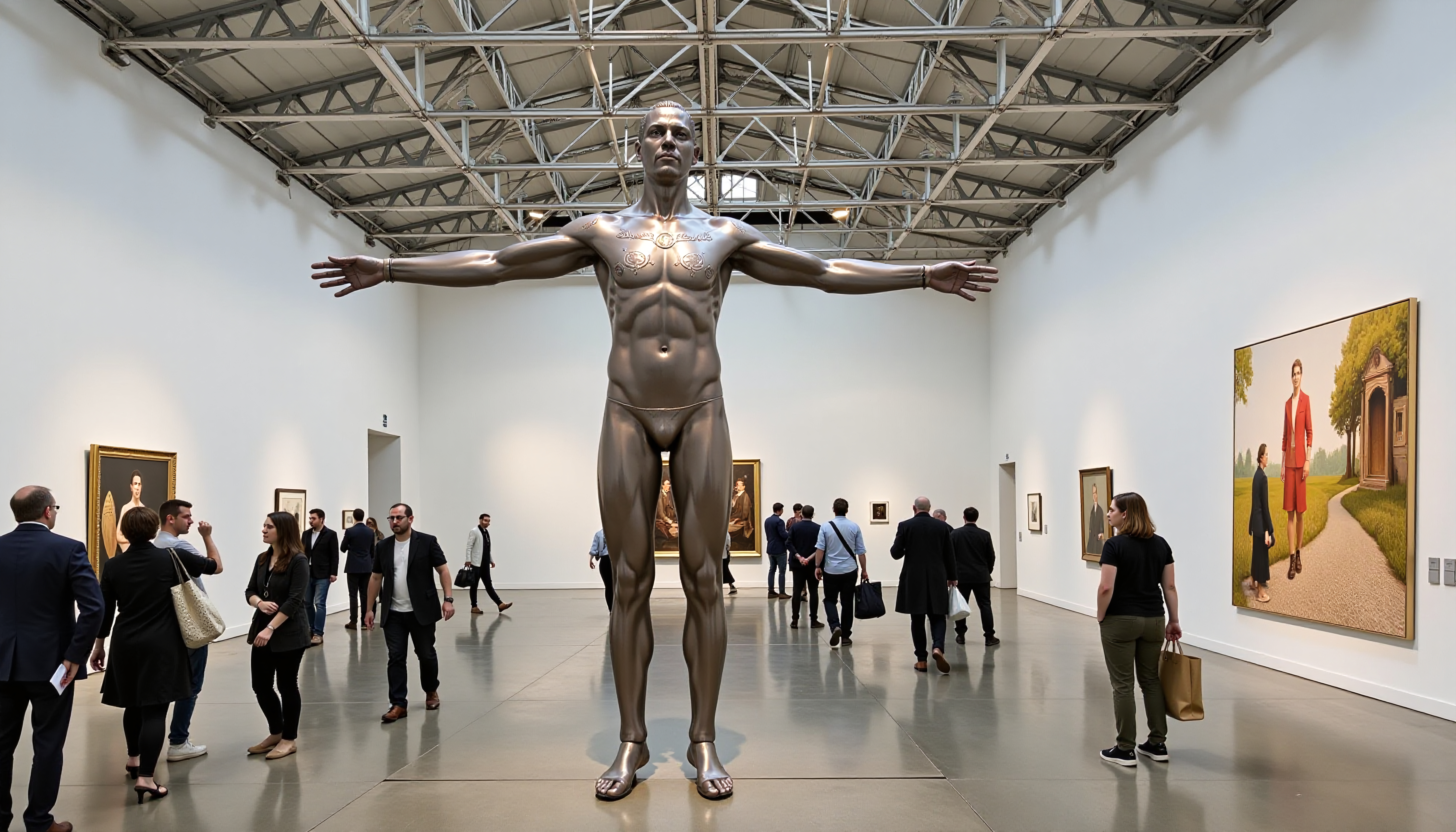 Visitors admire striking bronze statue centerpiece in spacious modern art gallery surrounded by paintings