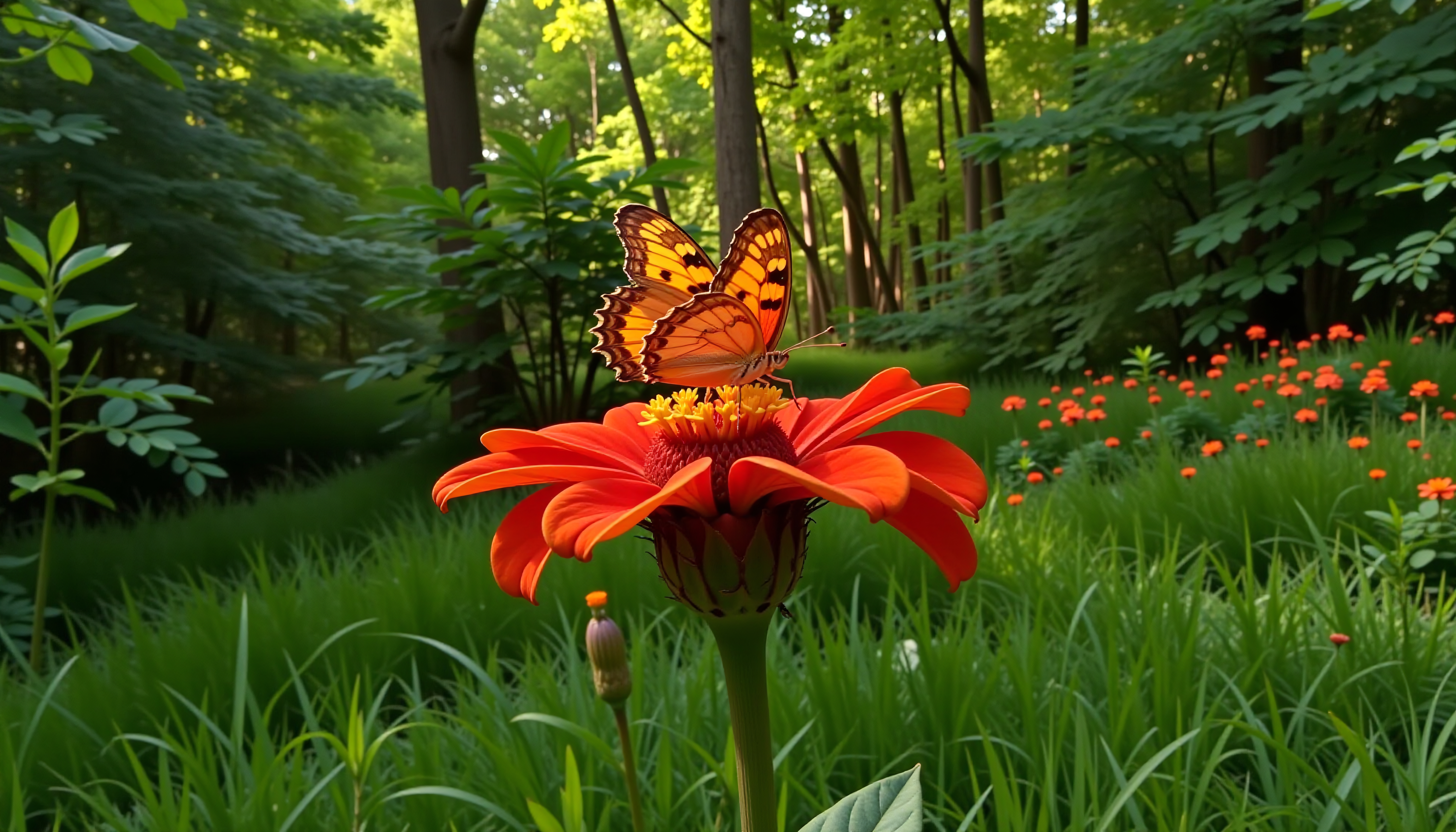 A vibrant butterfly rests on a red flower in a sunlit garden.