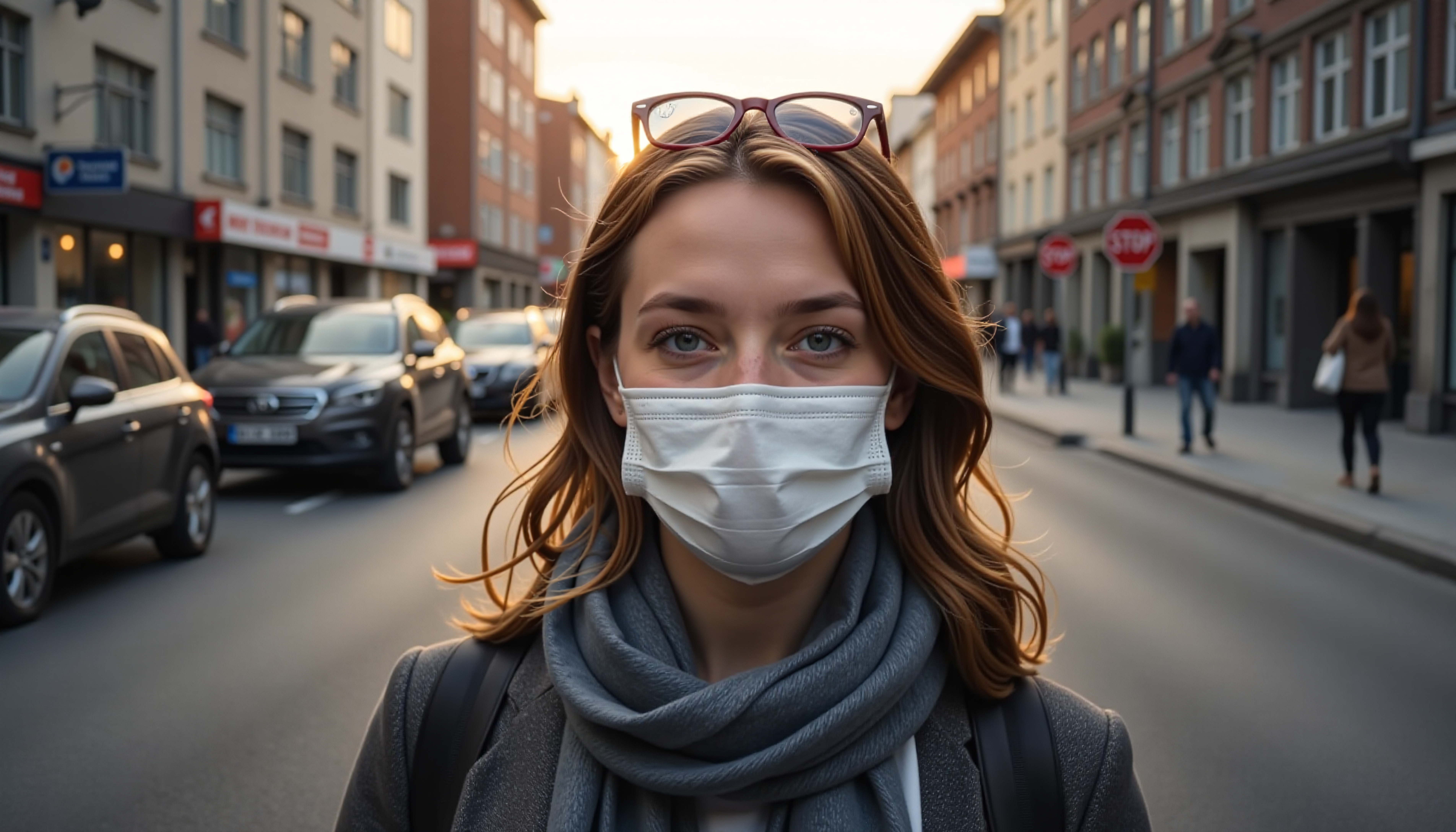 Young woman wearing mask standing on busy city street looking at camera