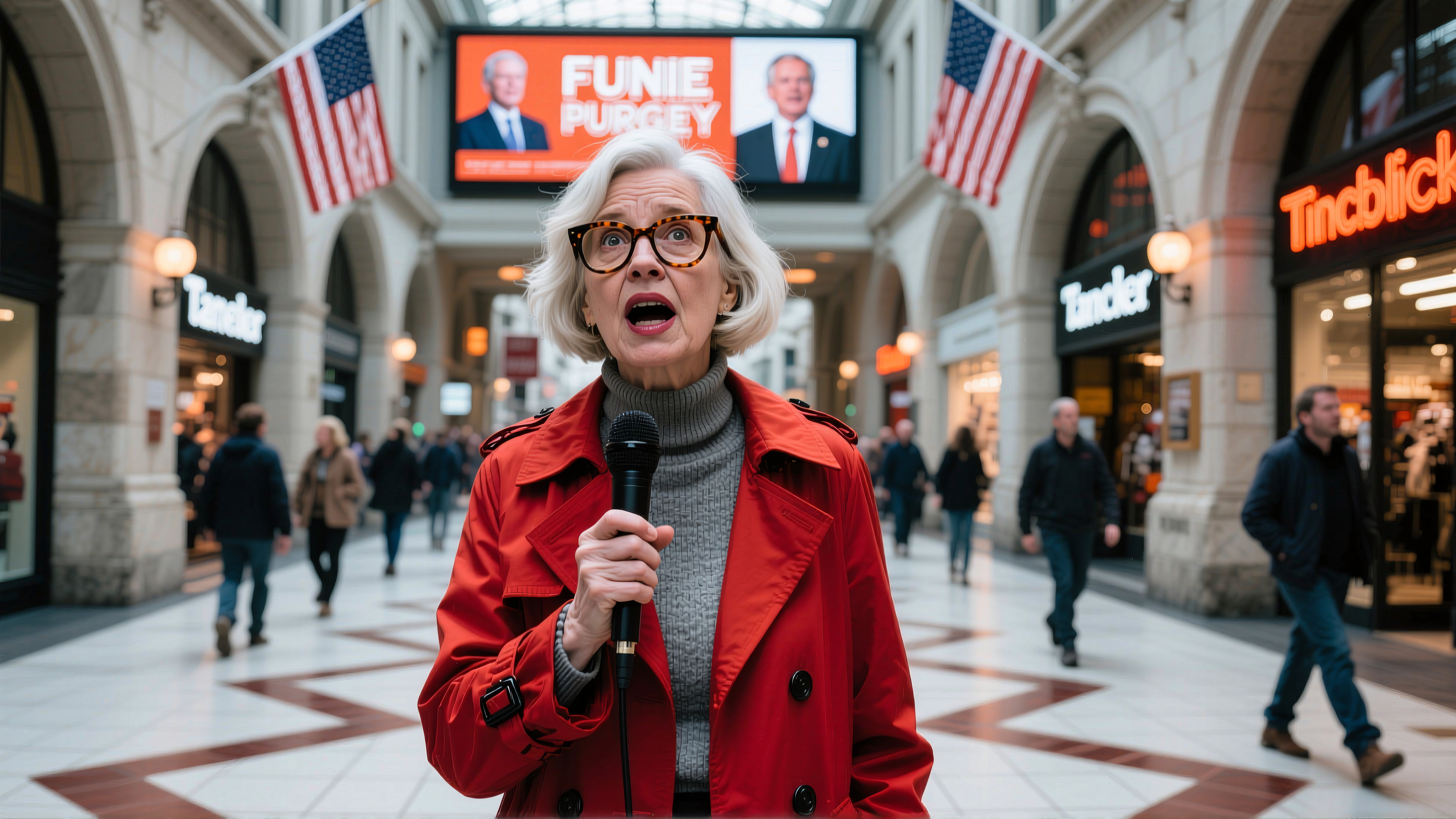 A woman in a red coat speaks into a microphone at a bustling shopping mall with flags and digital screens in the background.