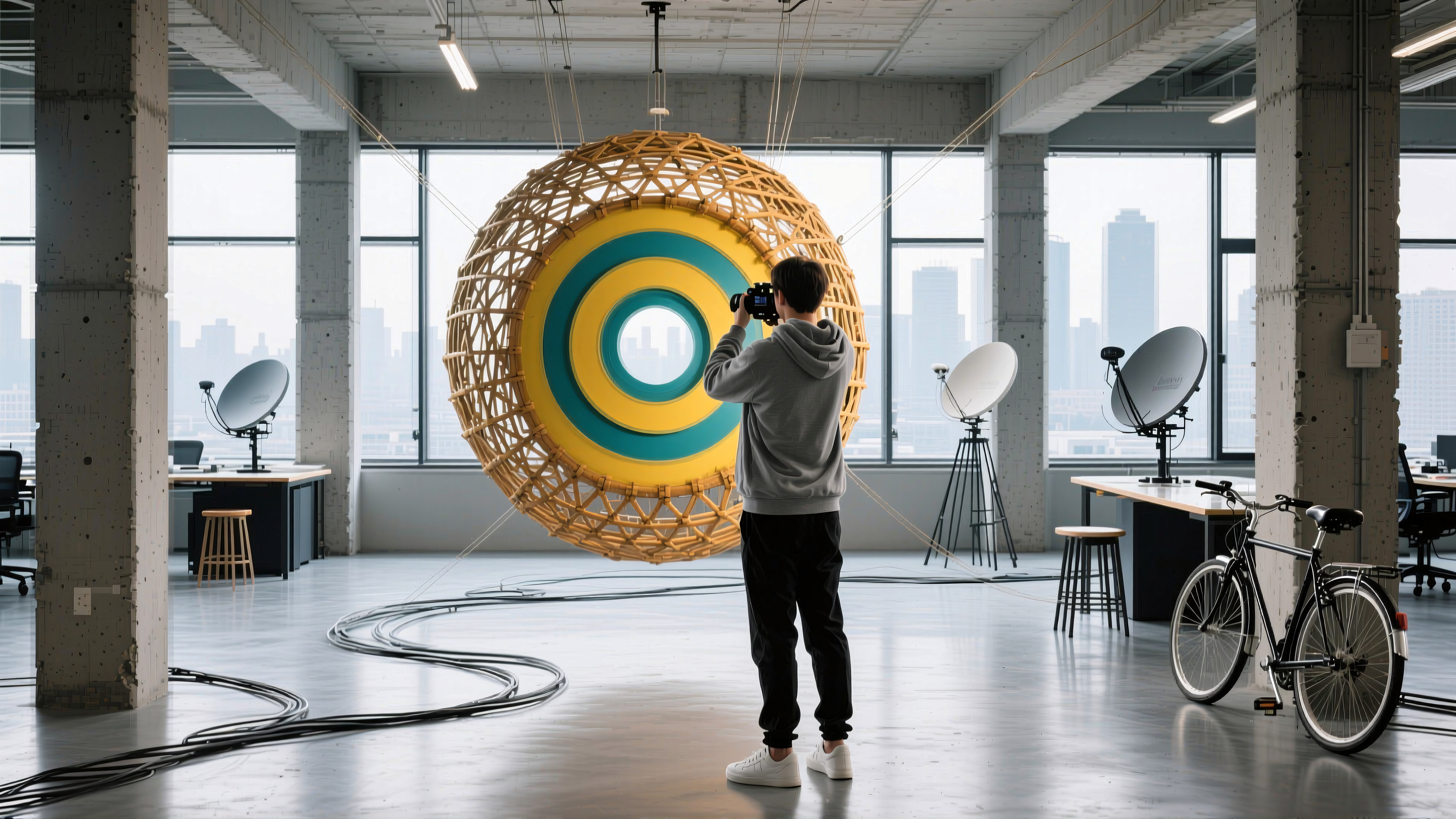 A person photographing a large, spherical installation in a modern, industrial room with a city skyline view.