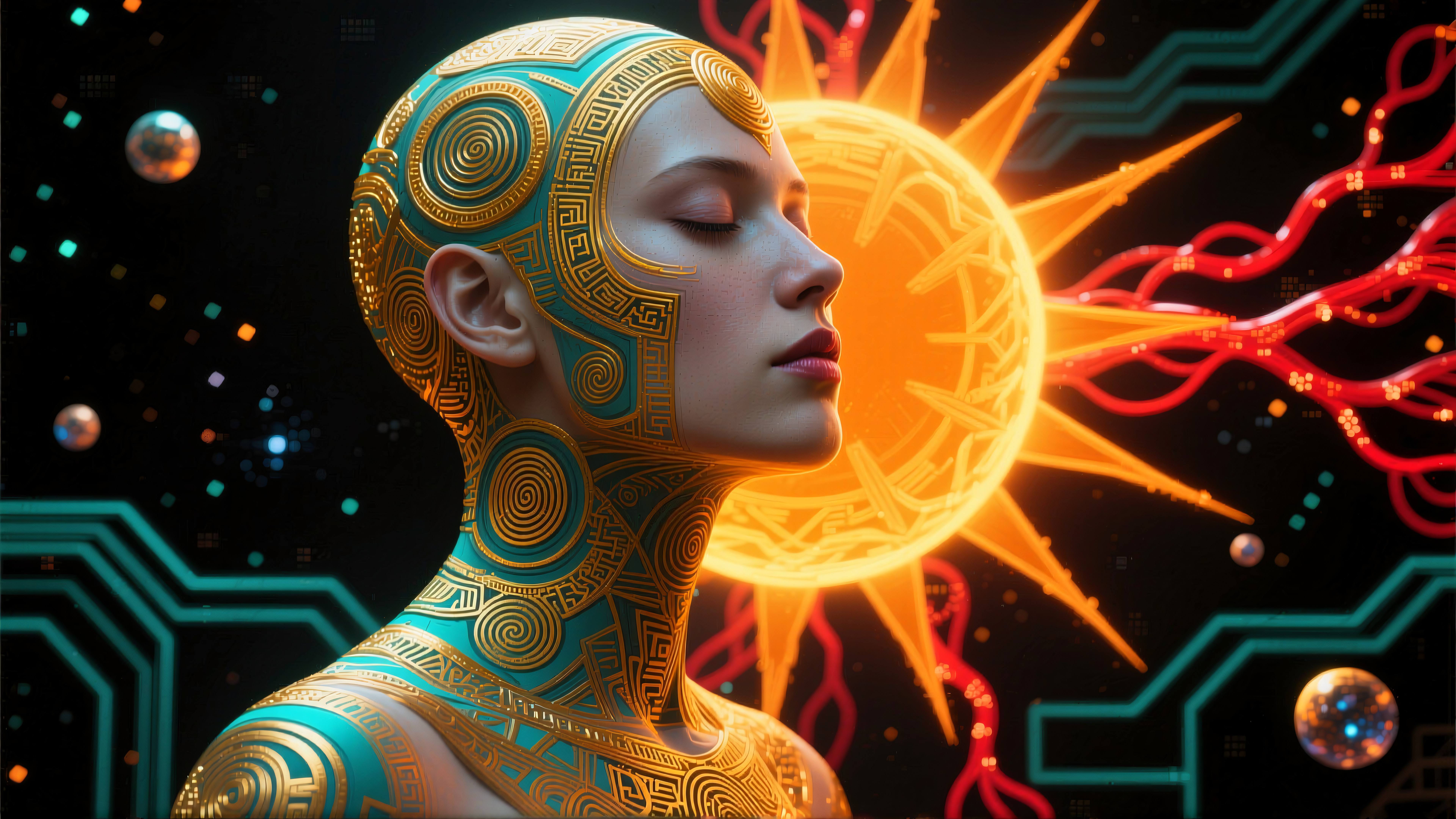 Futuristic goddess meditating under radiant digital sun amidst cosmic circuits