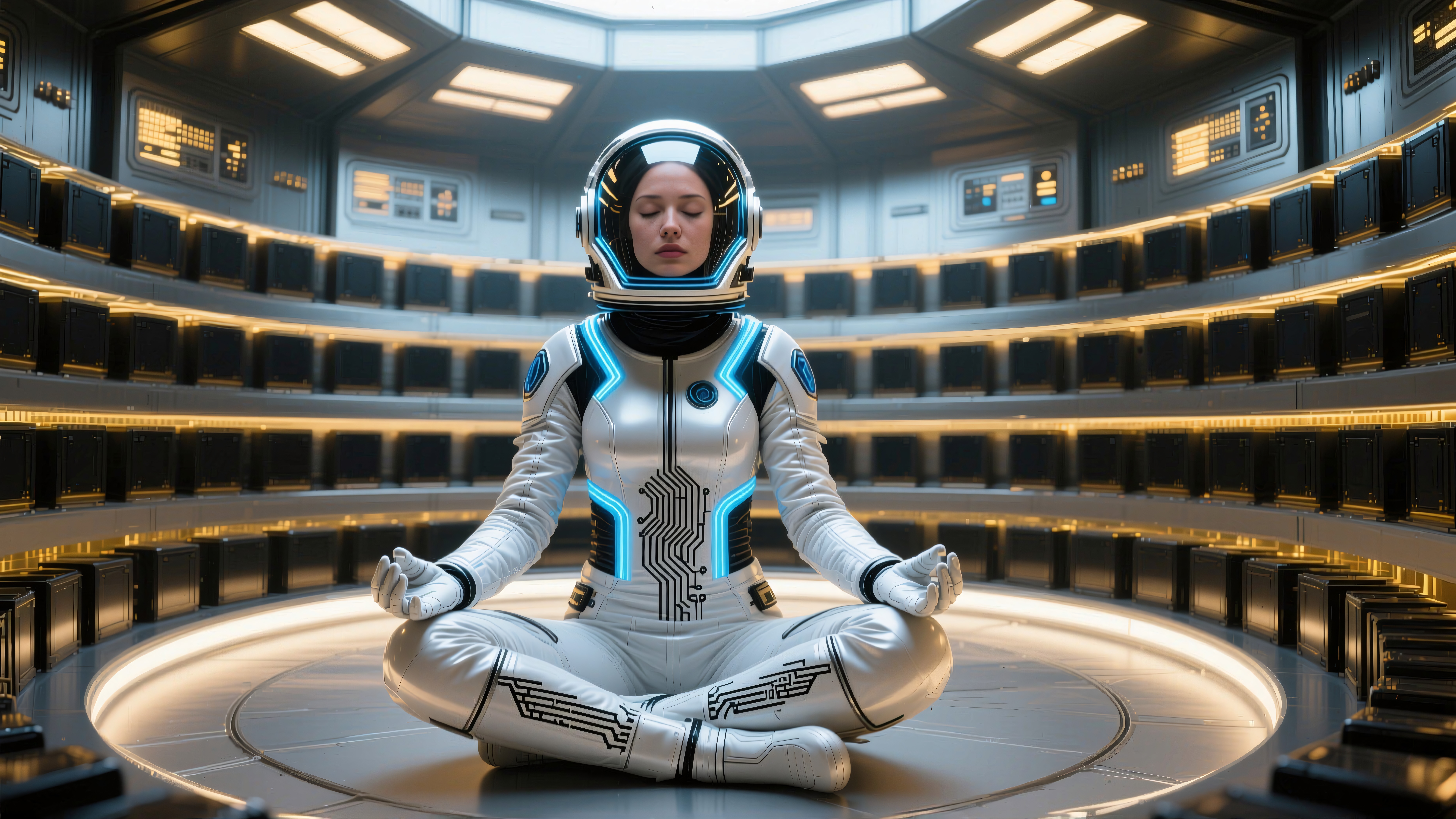 An astronaut in a high-tech suit meditates in a futuristic, circular chamber filled with advanced technology and ambient lighting.