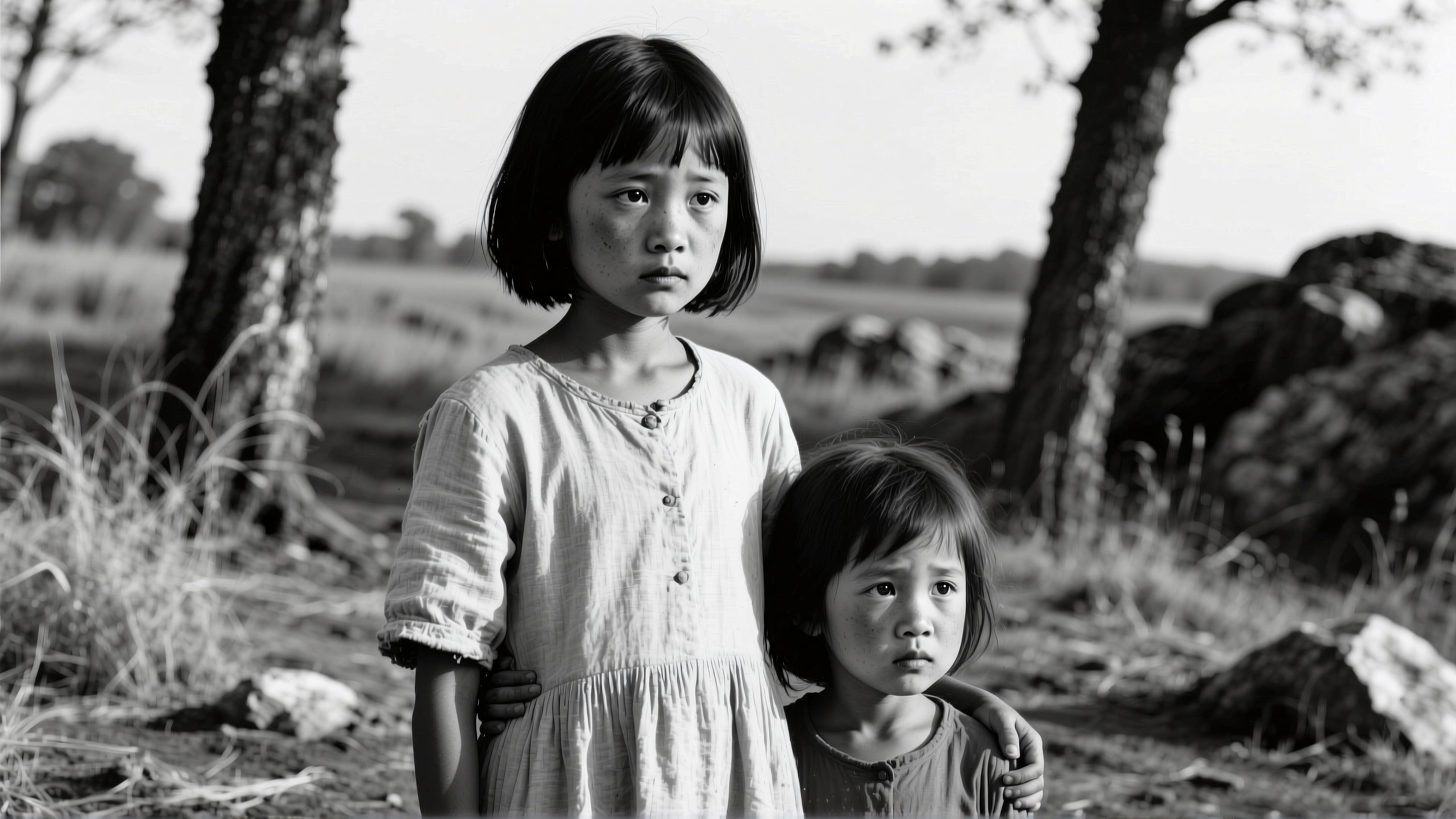 Grayscale portrait of two children standing together outdoors, surrounded by nature, evoking innocence and protective companionship.