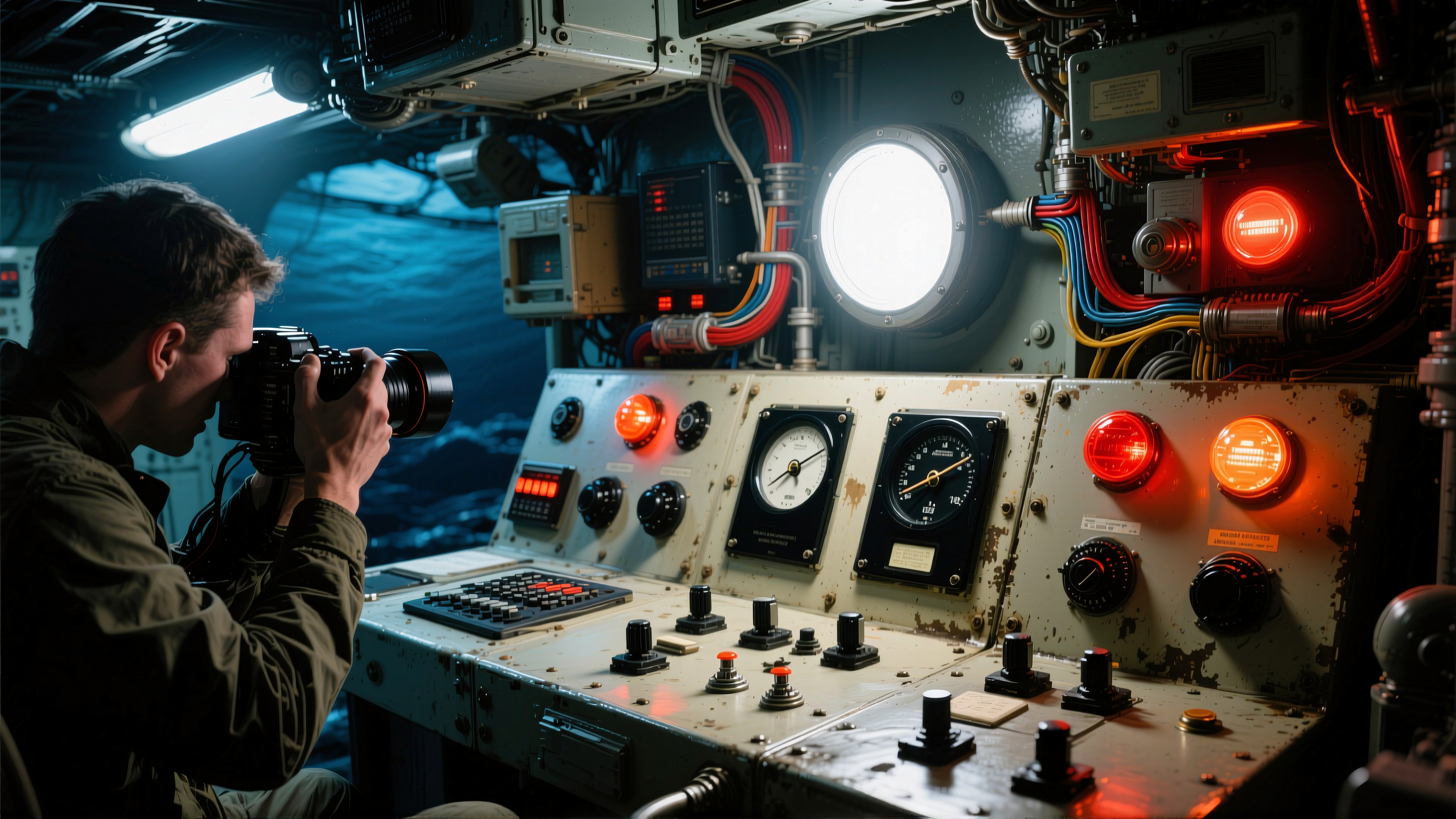 Photographer captures vintage submarine control room ambiance.