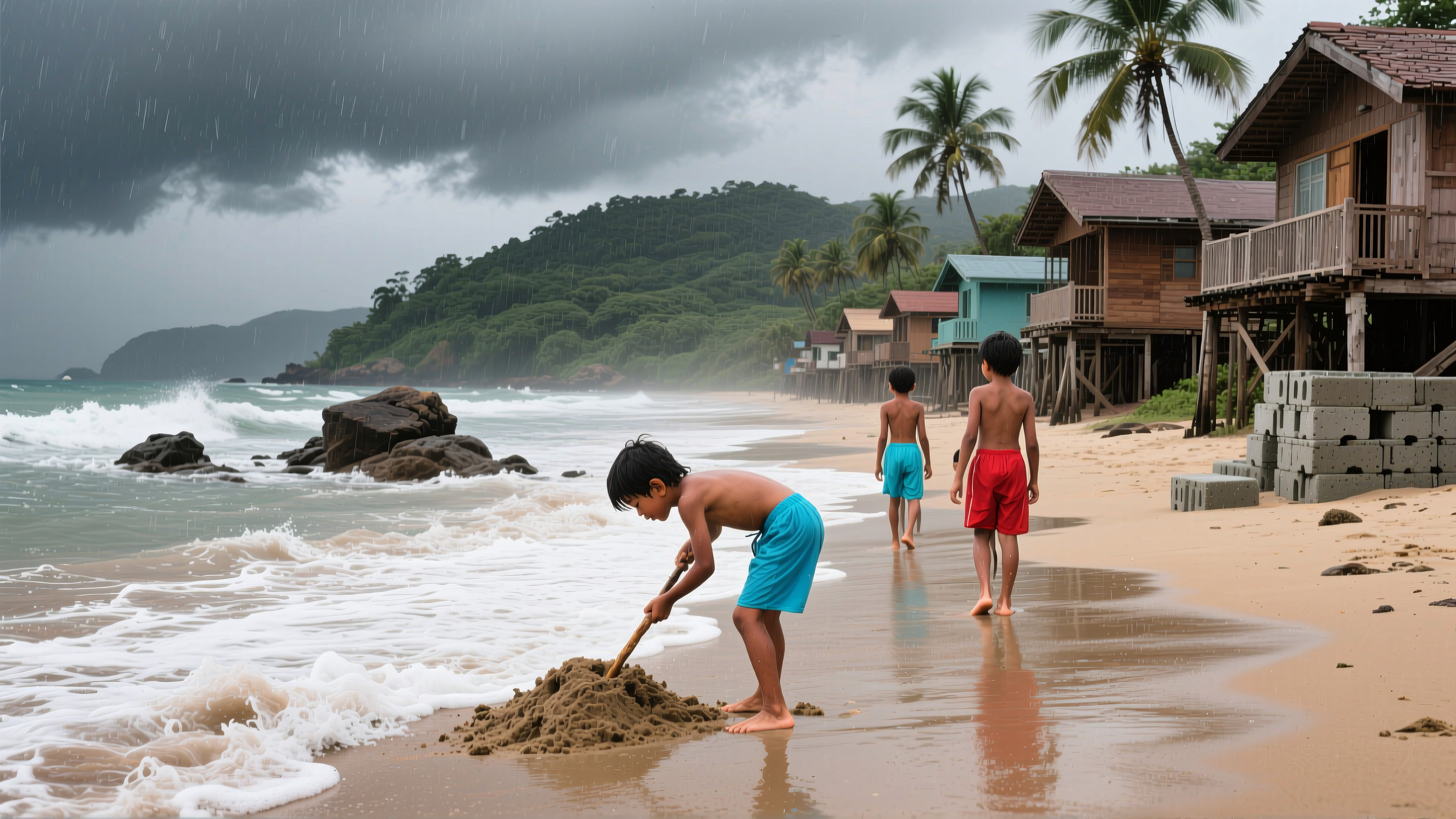 Children playing on a sandy beach amidst rain and waves.