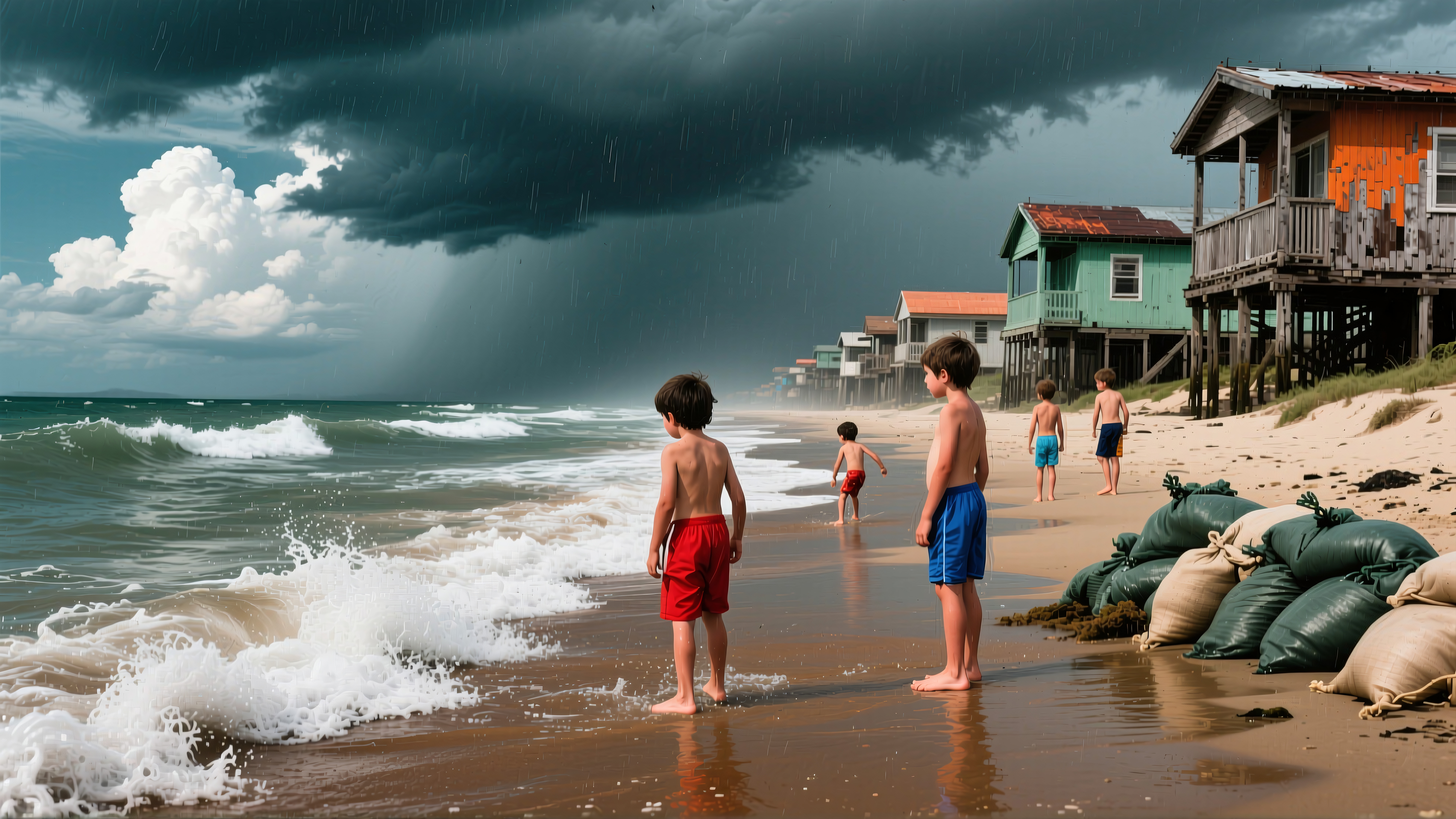 Children on a beach watch an approaching storm under dramatic dark clouds as waves crash against the shore.