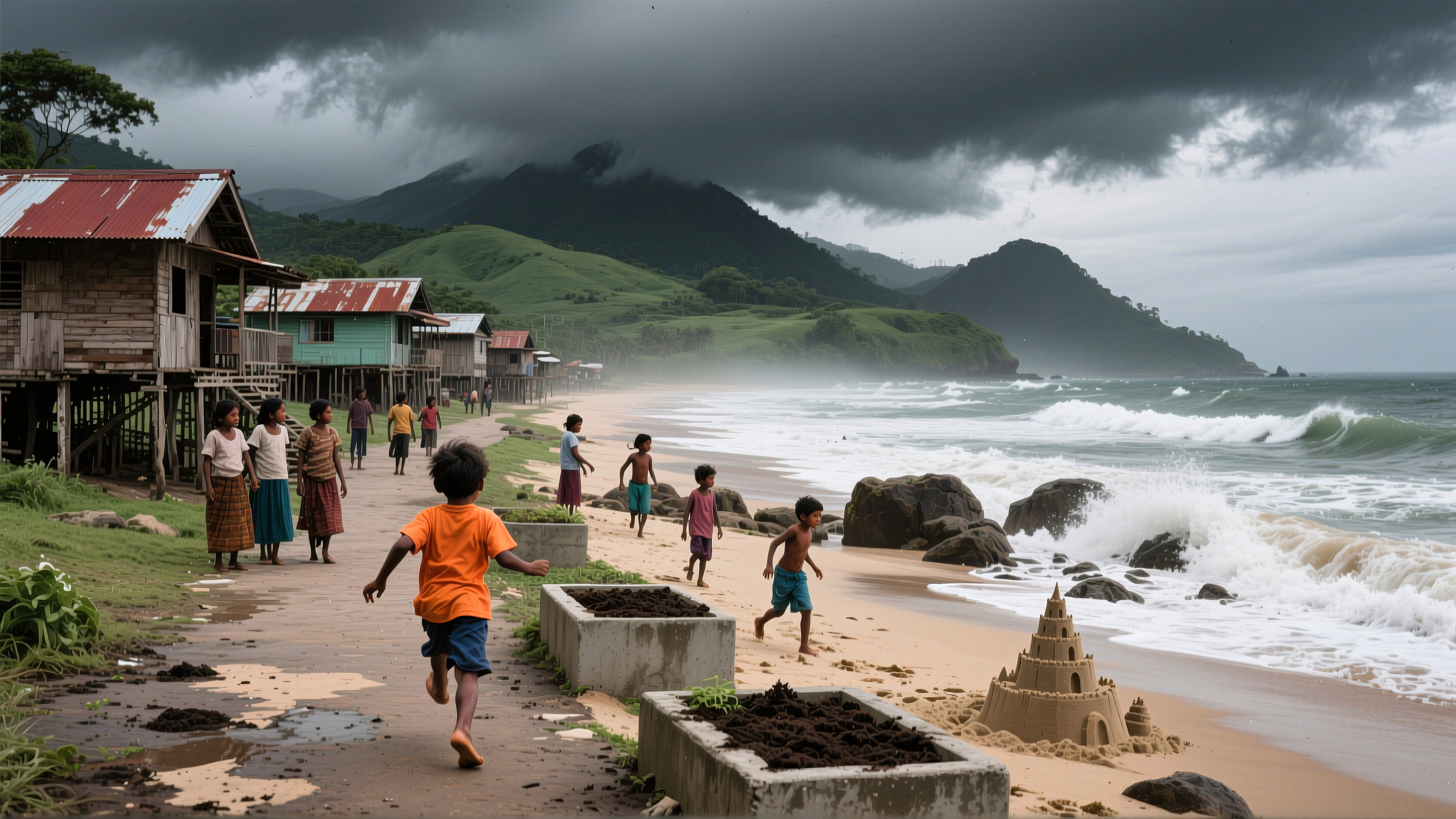 Coastal Village Children Playing on Stormy Beach with Stilt Hous
