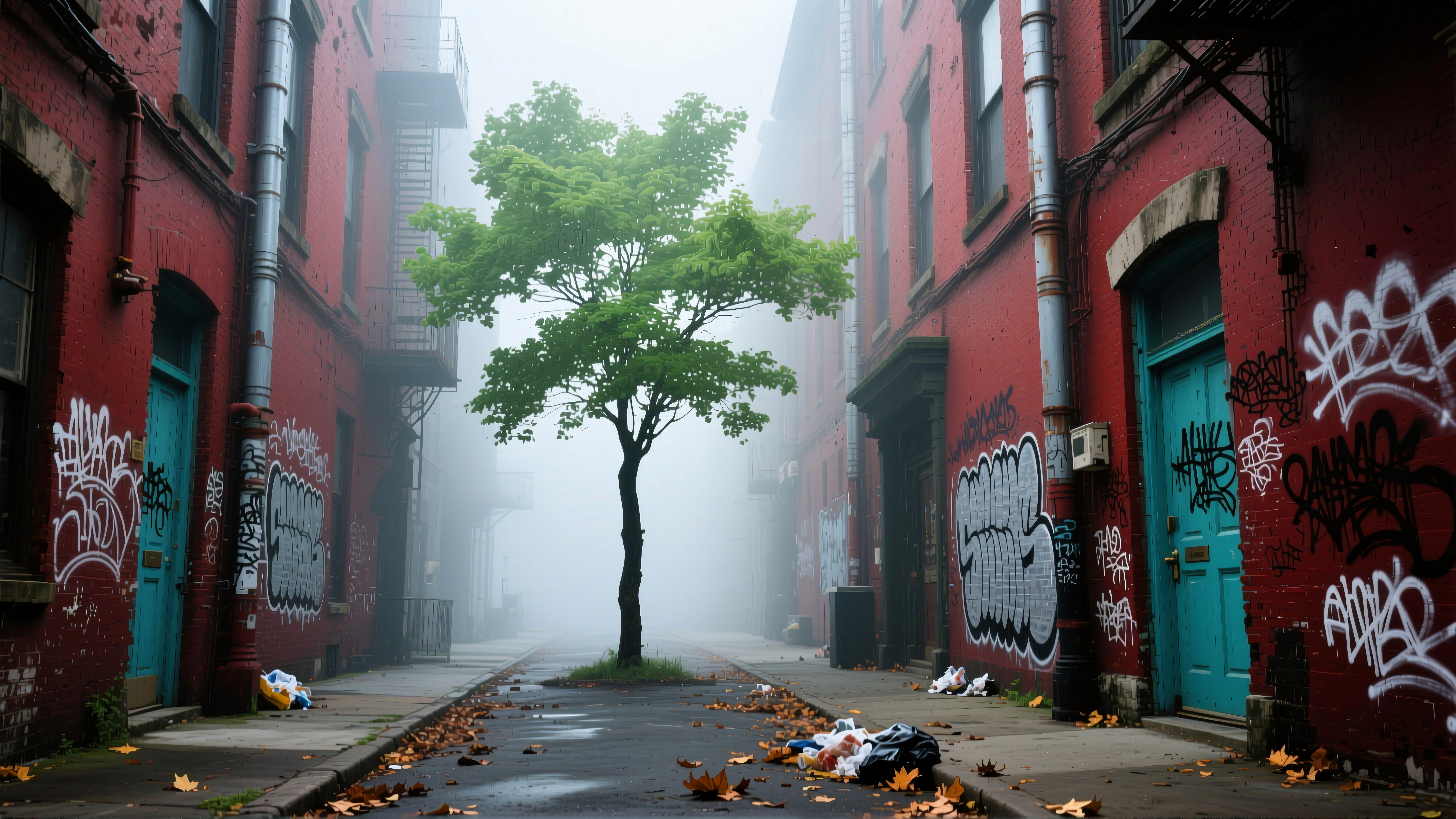 A single tree in a graffiti-covered alley, misty atmosphere.