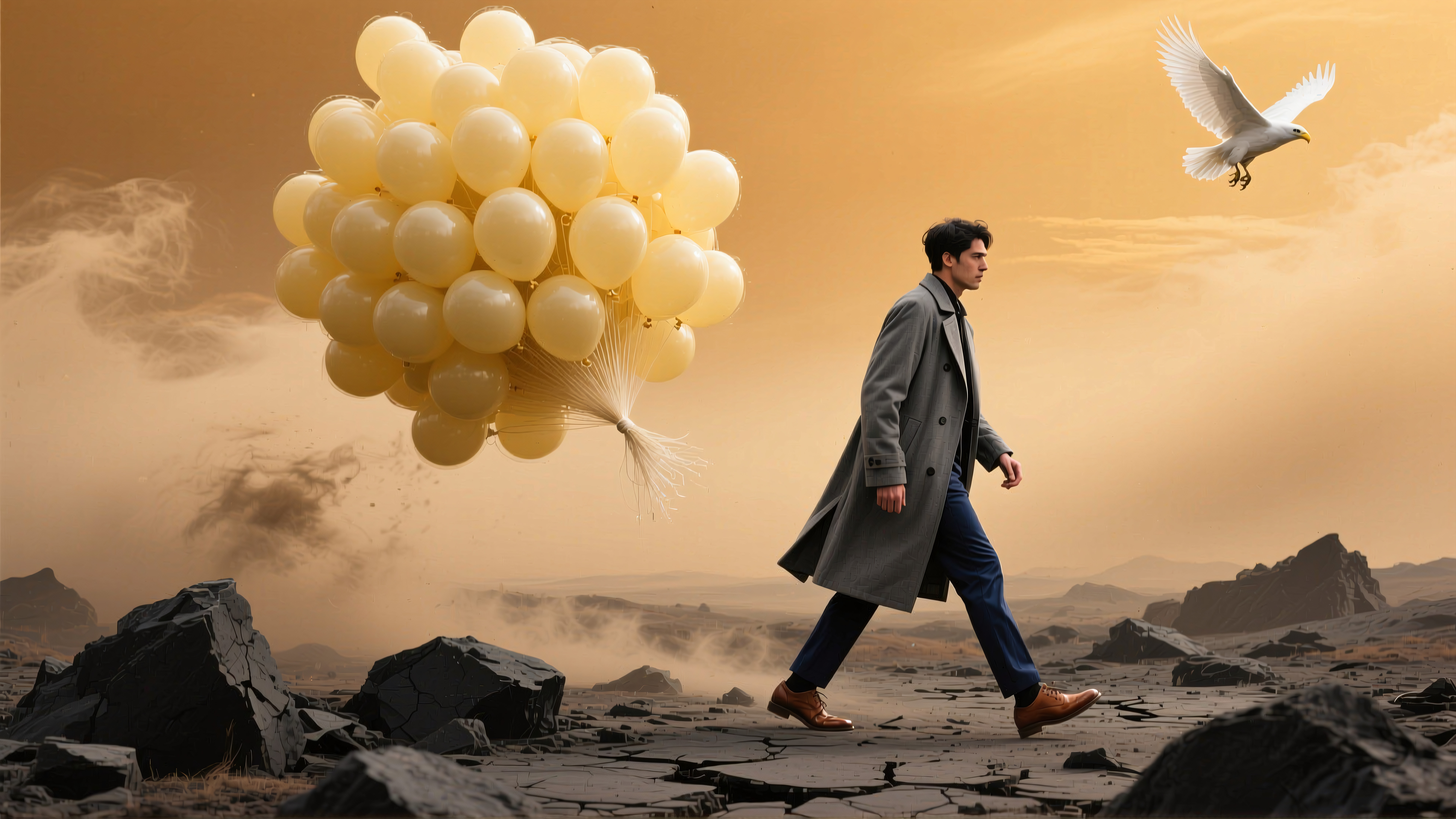 A man with yellow balloons walks across a barren, rocky landscape under a golden sky with a white bird overhead.