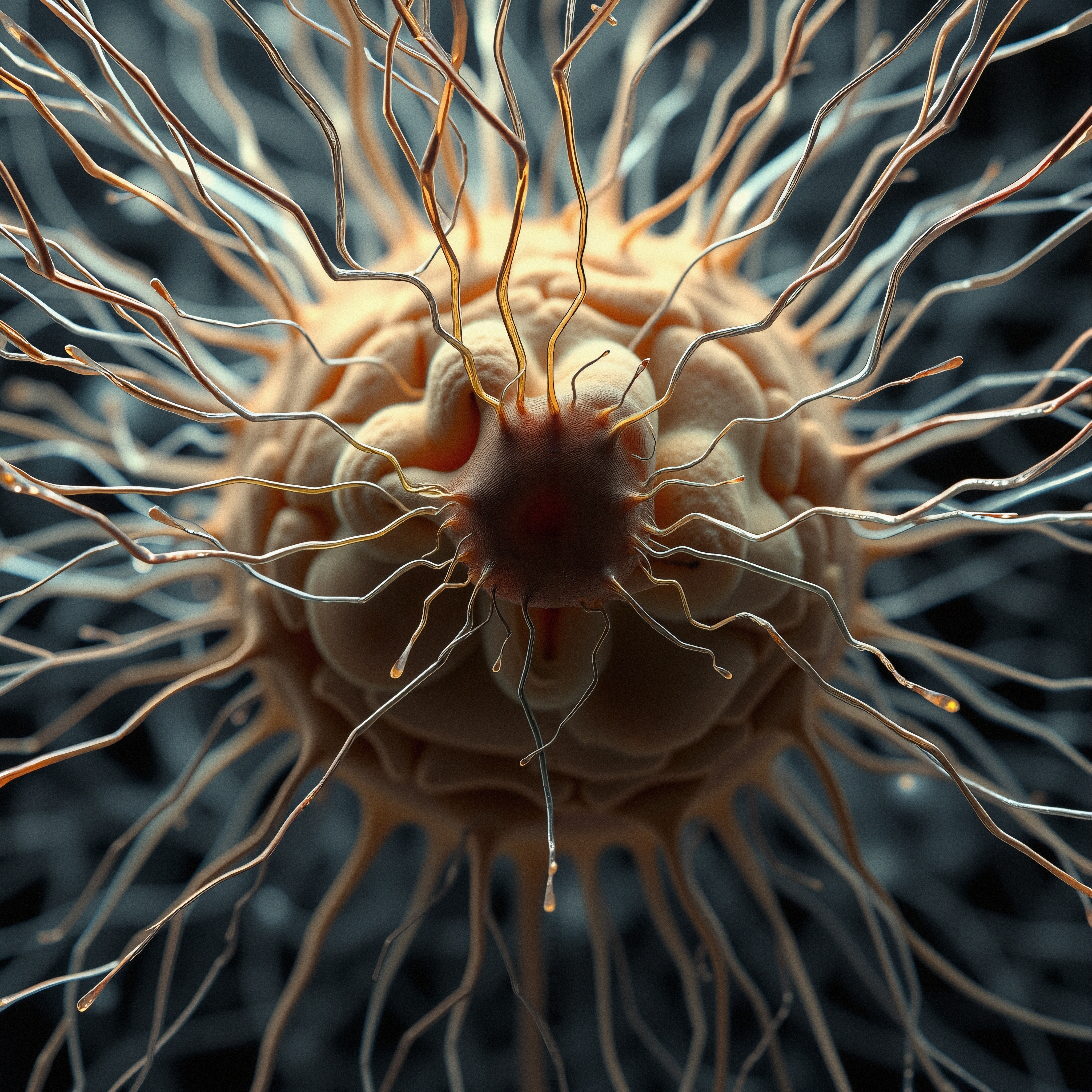 Detailed close-up of branching neuron-like structure with filaments.