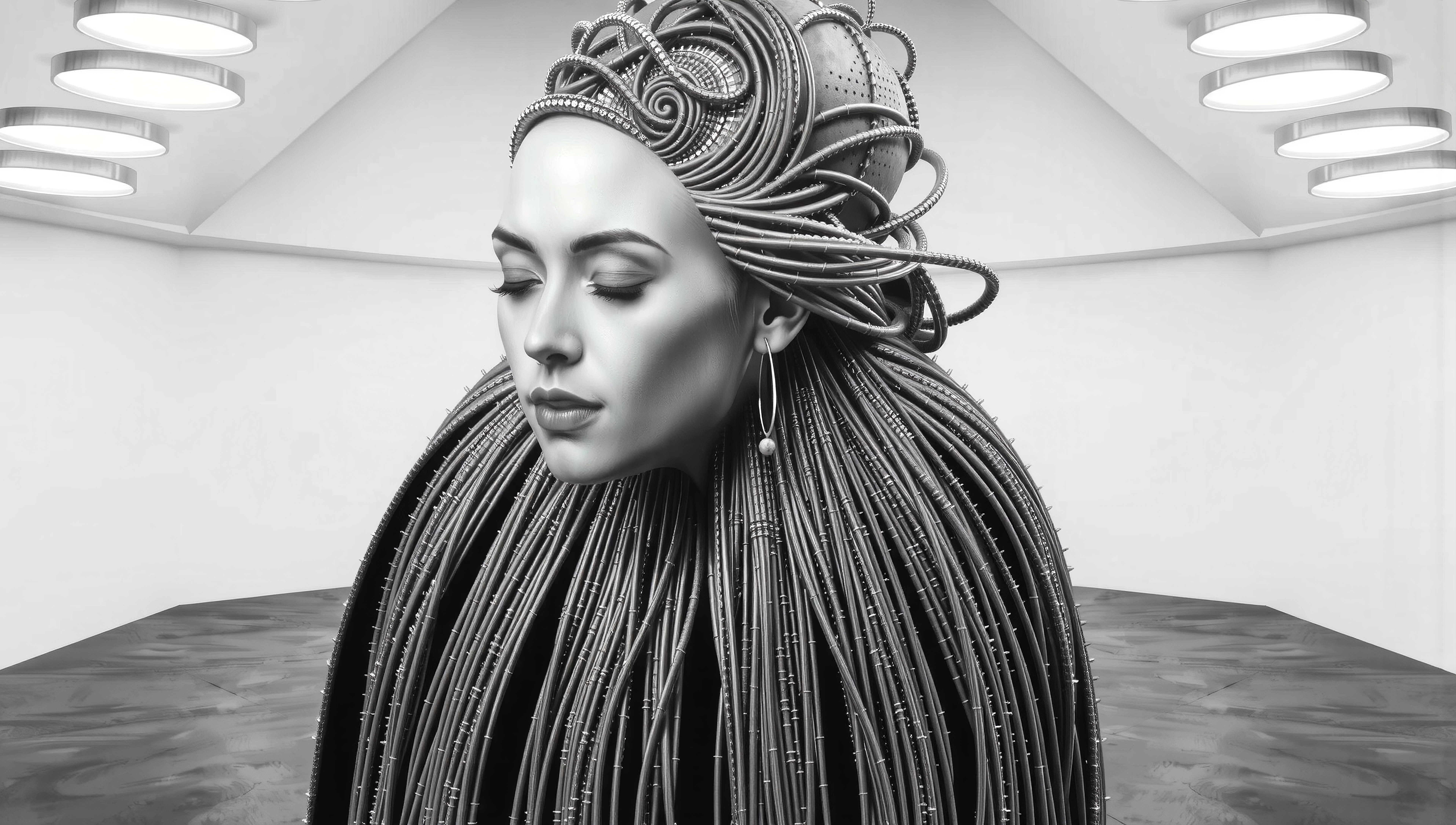 Futuristic cyberpunk female artist wearing metallic coil headdress in clinical lab environment