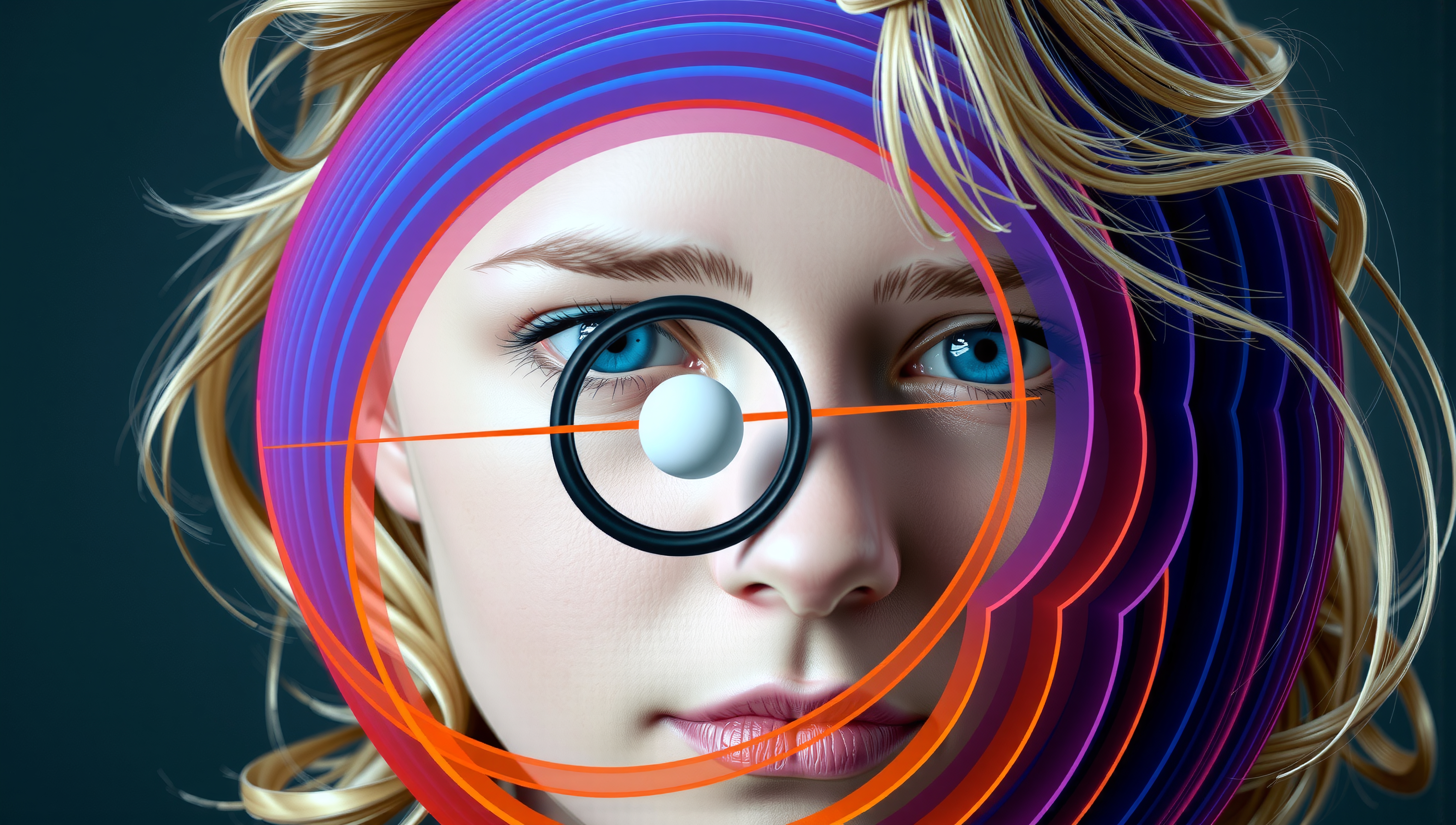 Futuristic digital art of a woman's face with colorful concentric circles and geometric elements.