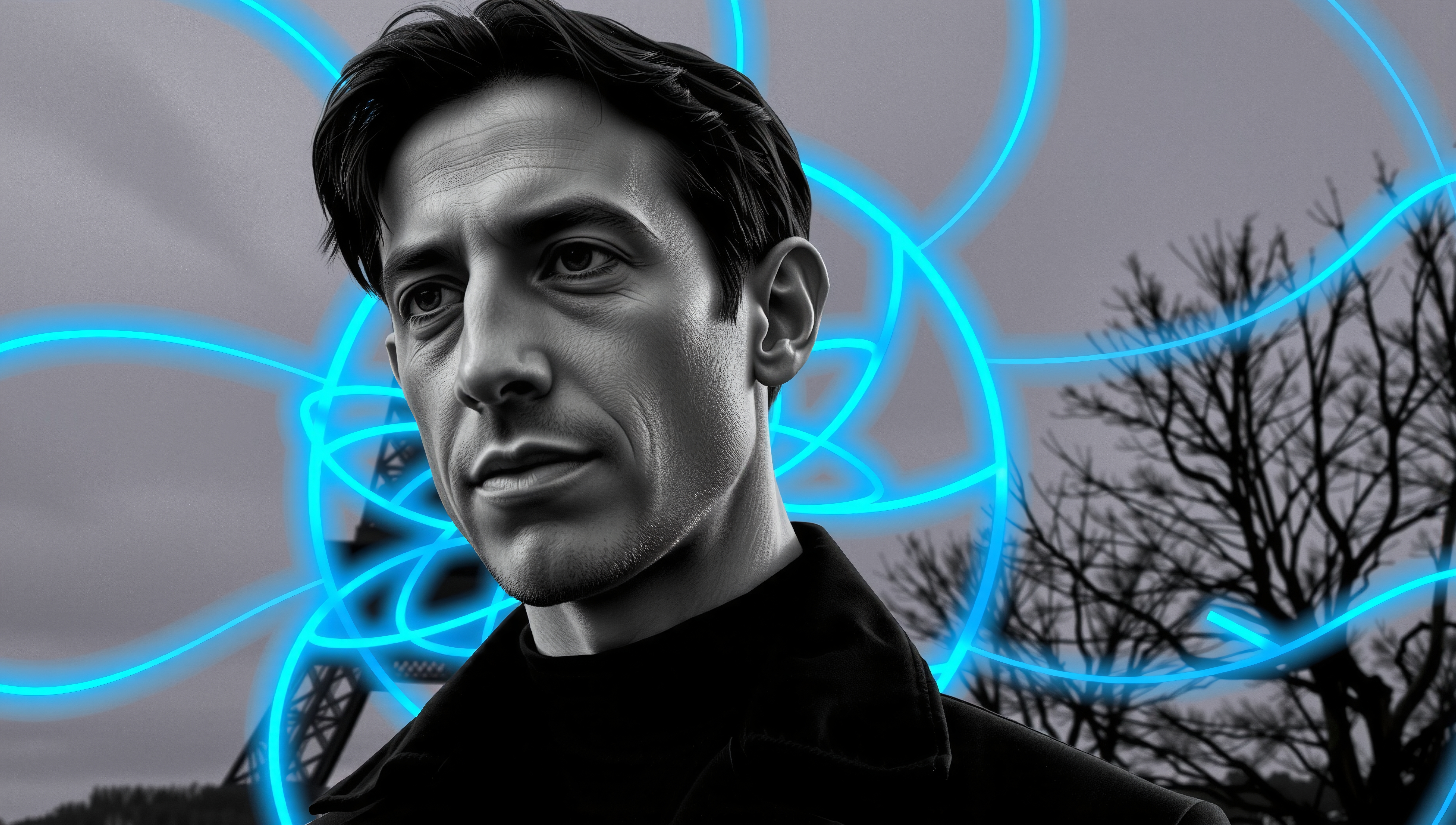 A man in neon blue light with grayscale background.