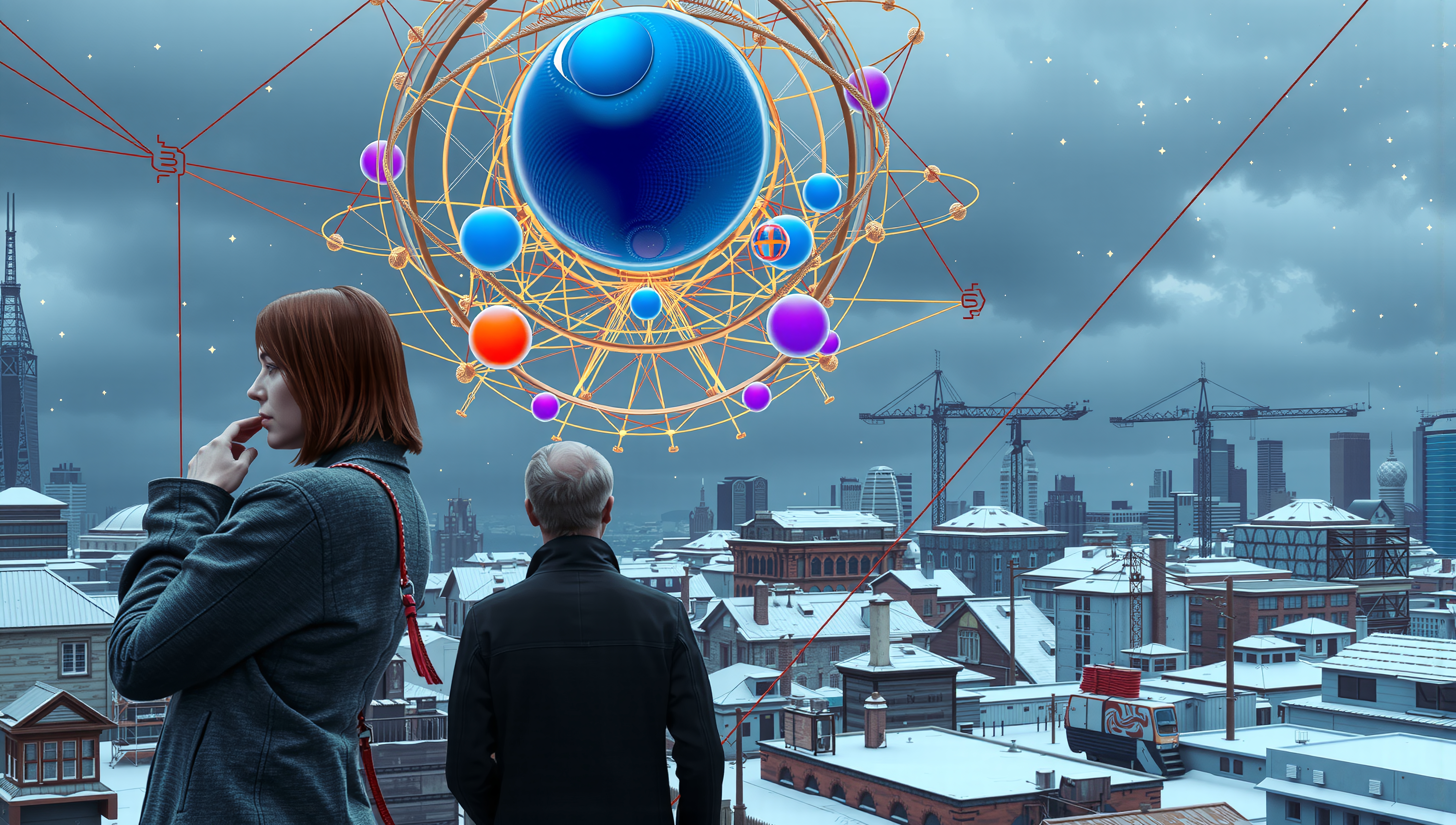 A woman stands on a rooftop, contemplating a sci-fi cosmic display above a snowy cityscape.