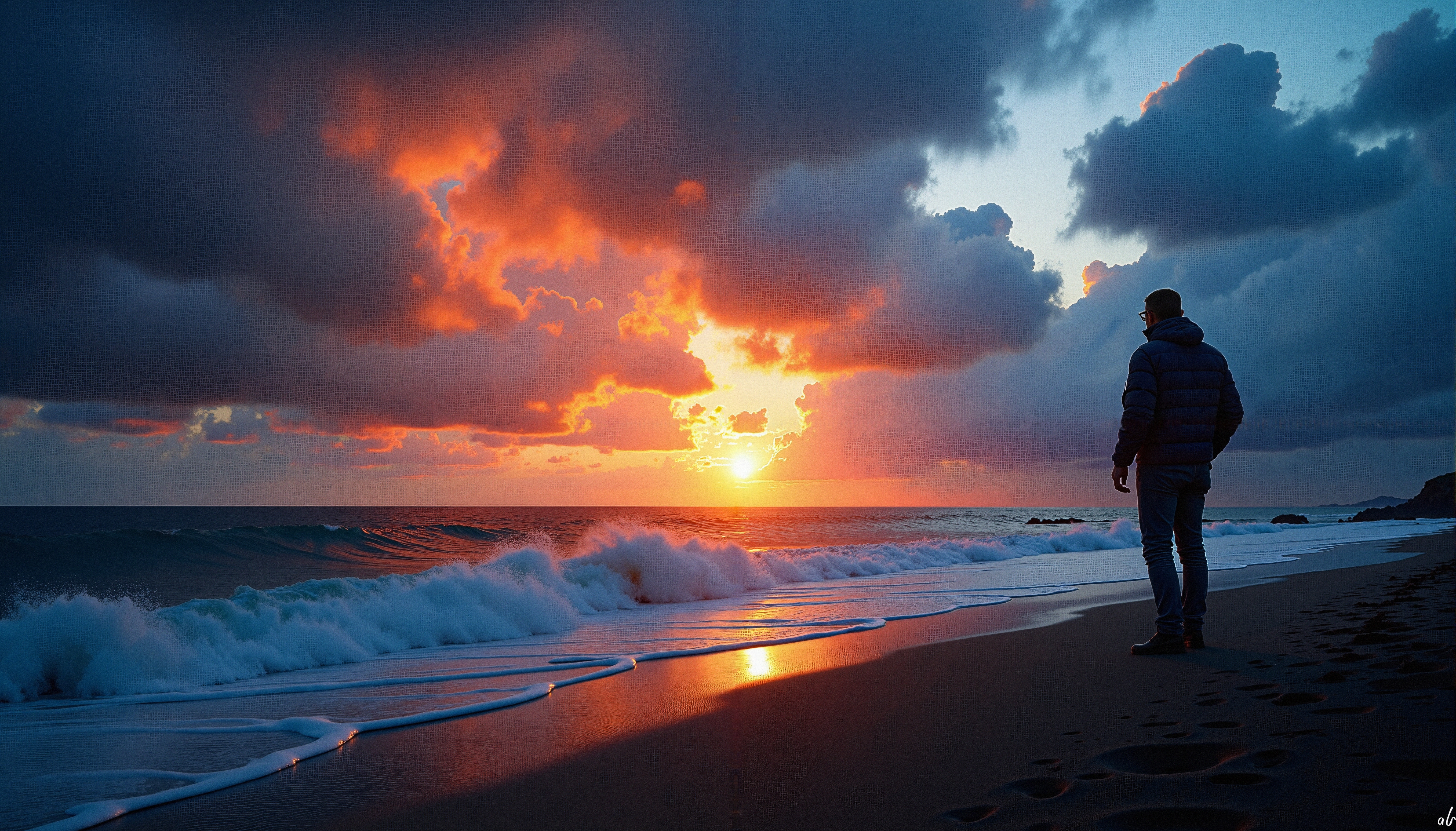 A person stands on a beach watching a dramatic sunset over the ocean.