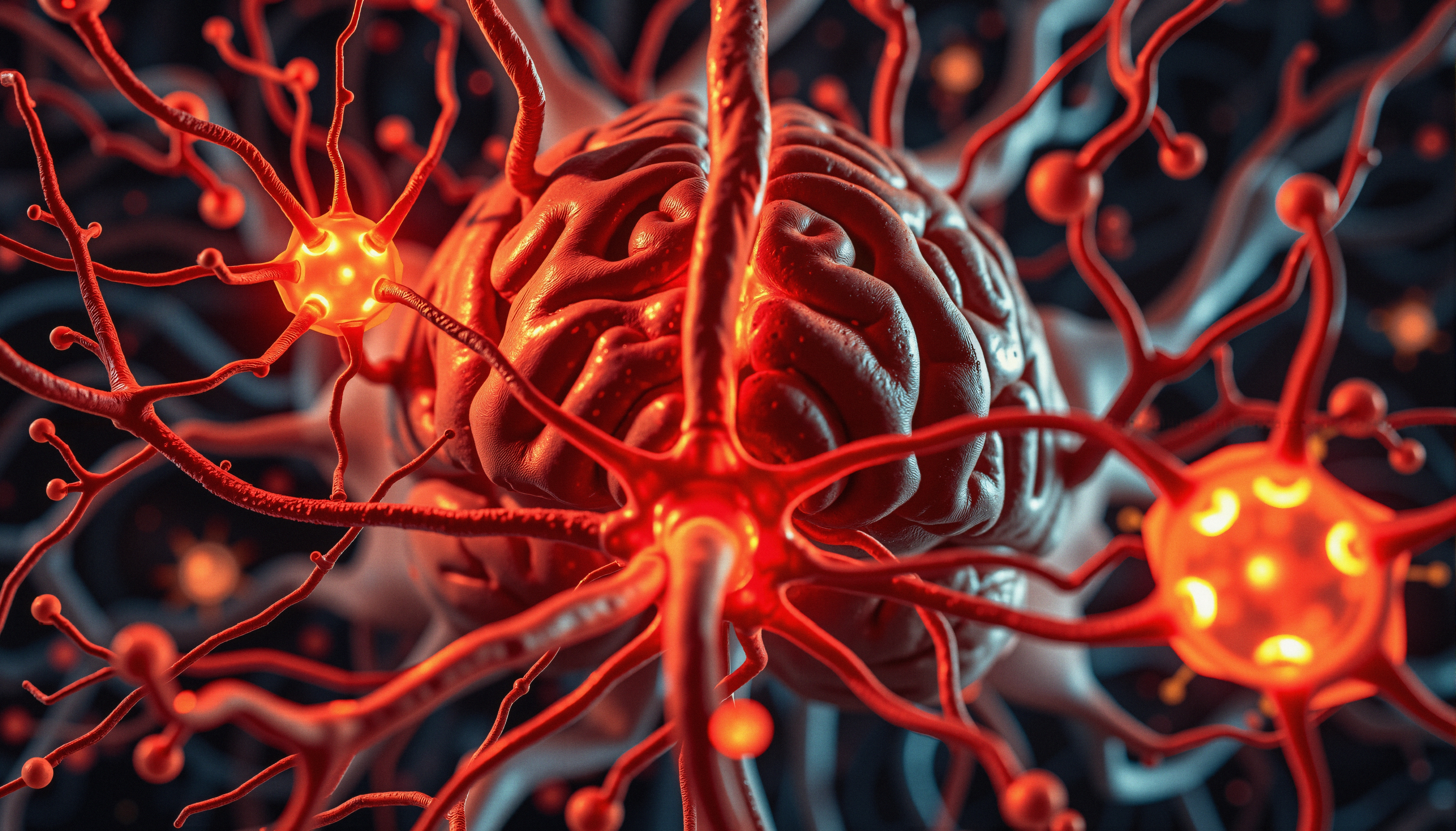 Human Brain with Glowing Neural Connections and Red Neurological