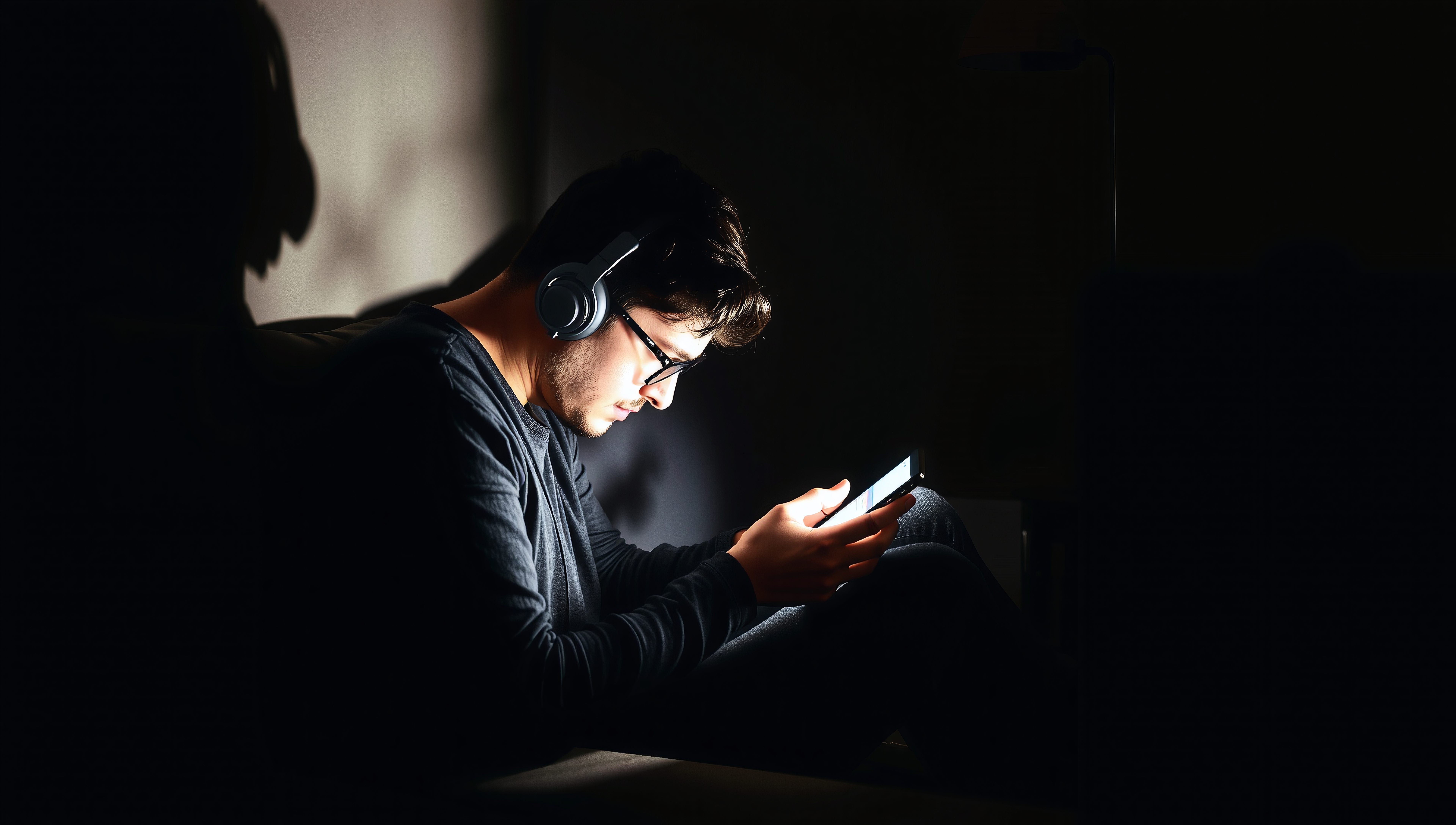 A young man wearing headphones uses a smartphone in a dark room.